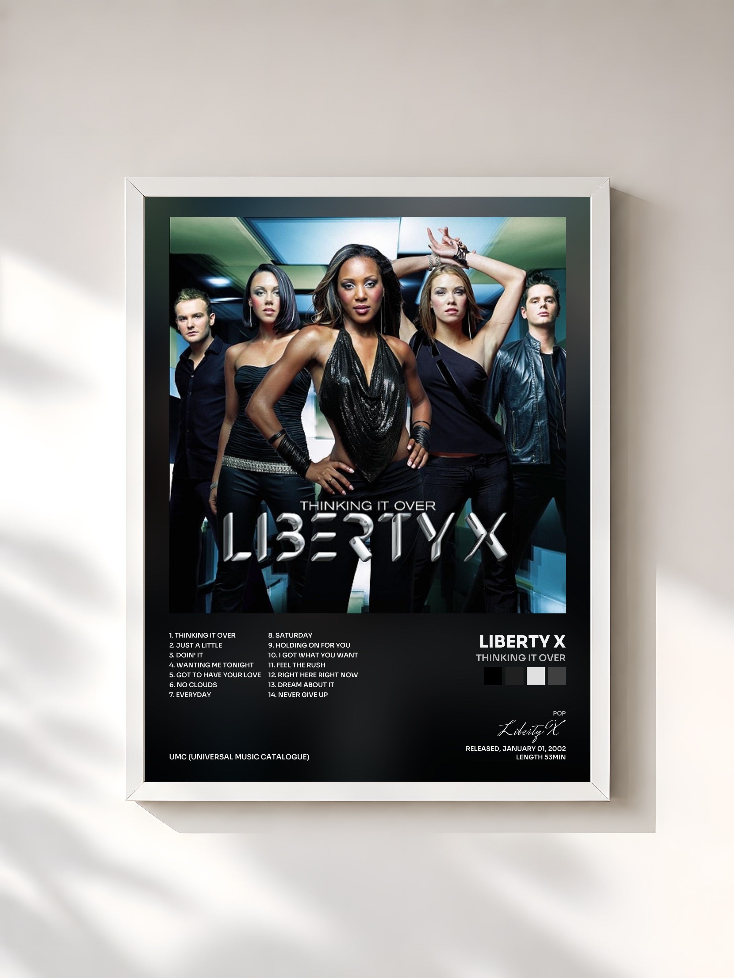#blanc Tableau de l'album Thinking It Over de Liberty X, cadre blanc, imprimé et encadré en France