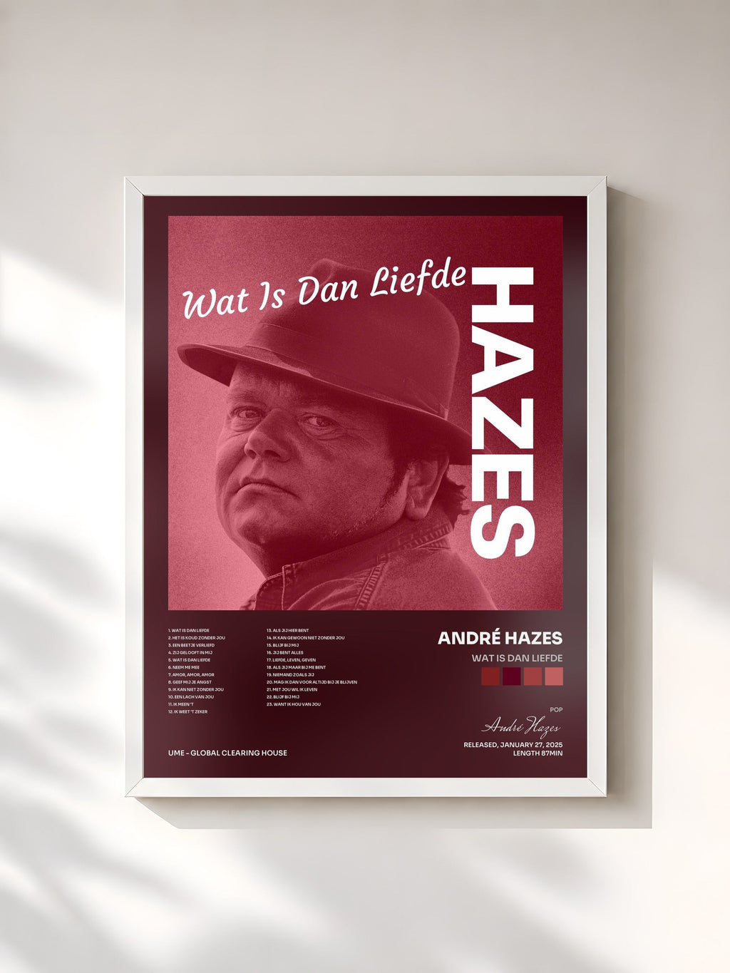 #blanc Wat Is Dan Liefde by André Hazes as a framed art print, white frame, printed and framed in France