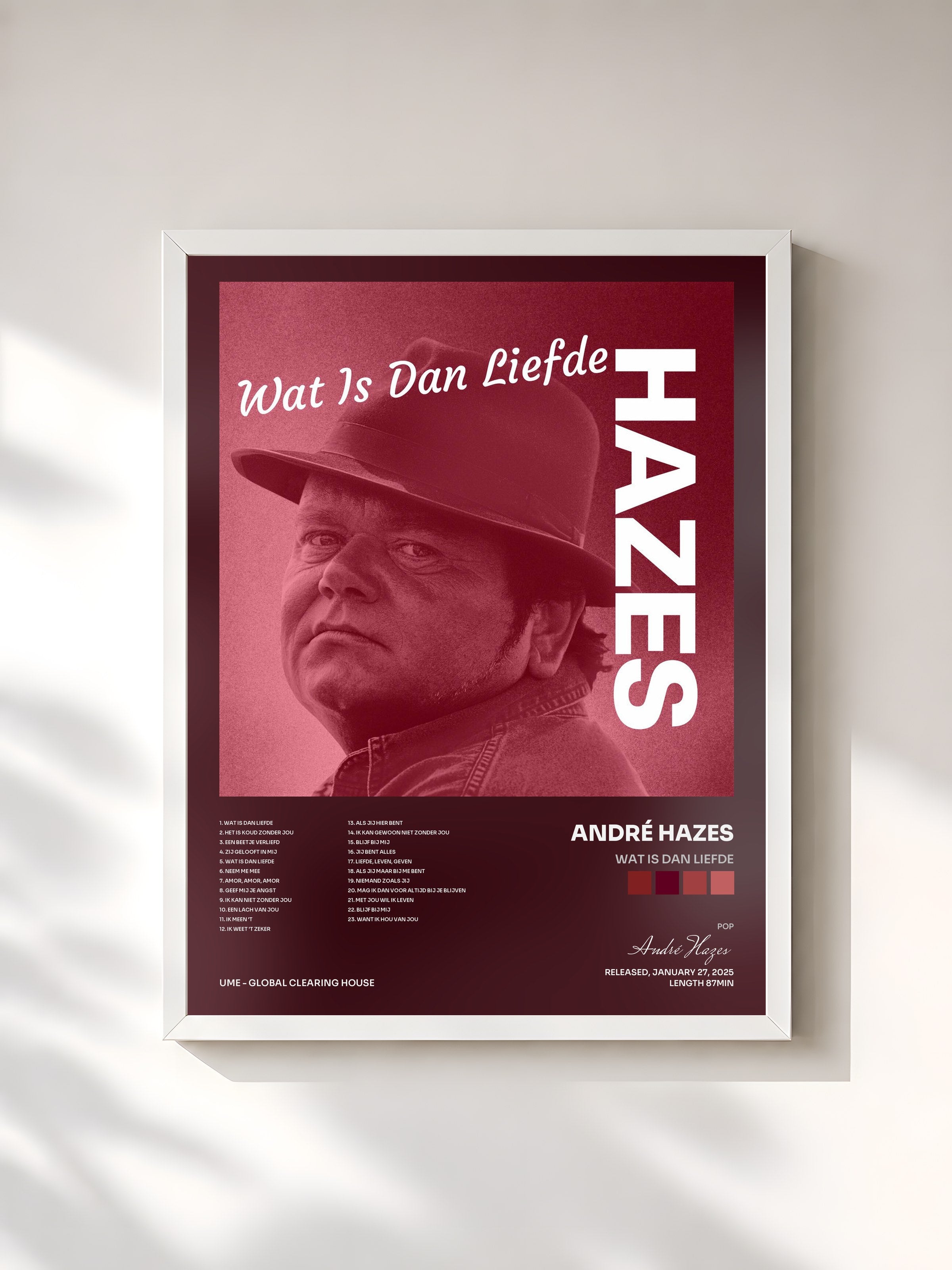 #blanc Tableau de l'album Wat Is Dan Liefde de André Hazes, cadre blanc, imprimé et encadré en France