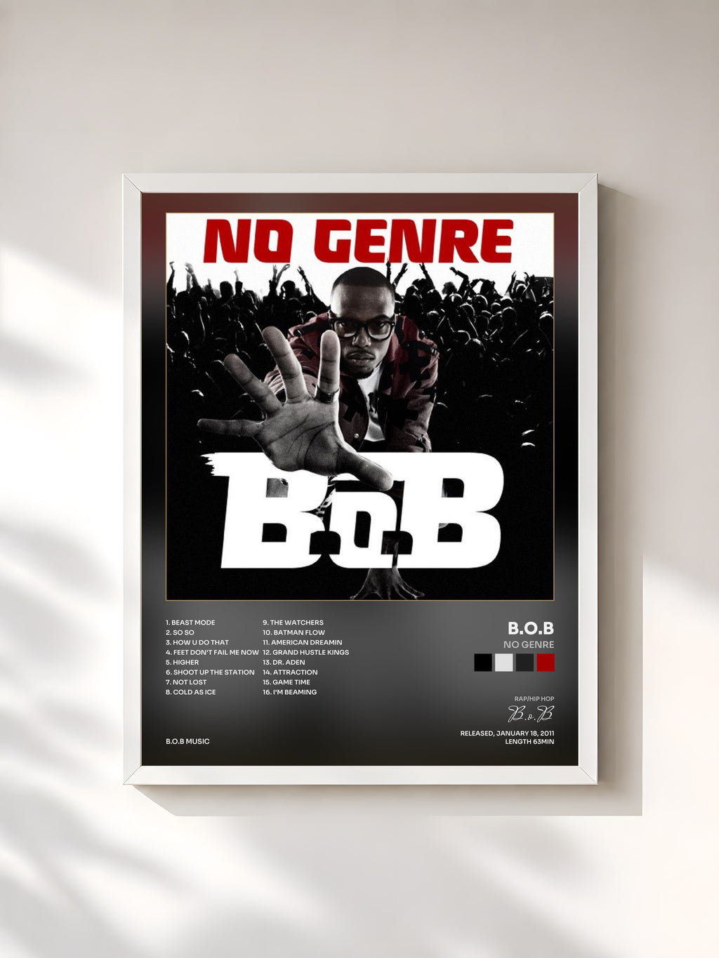 #blanc Tableau de l'album No Genre de B.o.B, cadre blanc, imprimé et encadré en France