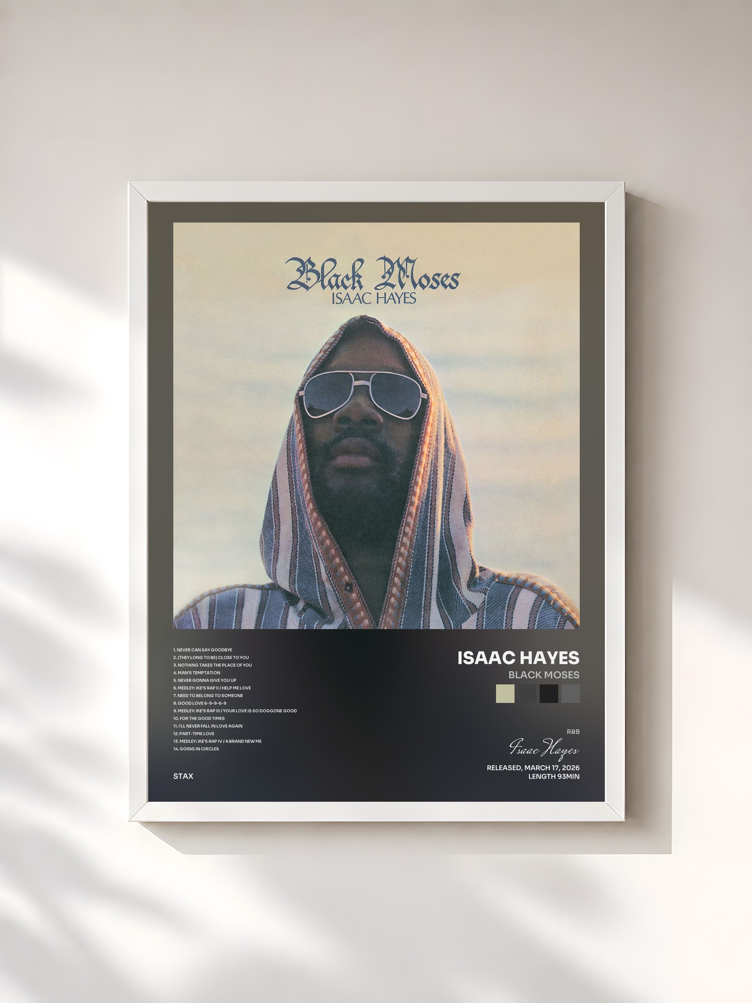#blanc Tableau de l'album Black Moses de Isaac Hayes, cadre blanc, imprimé et encadré en France