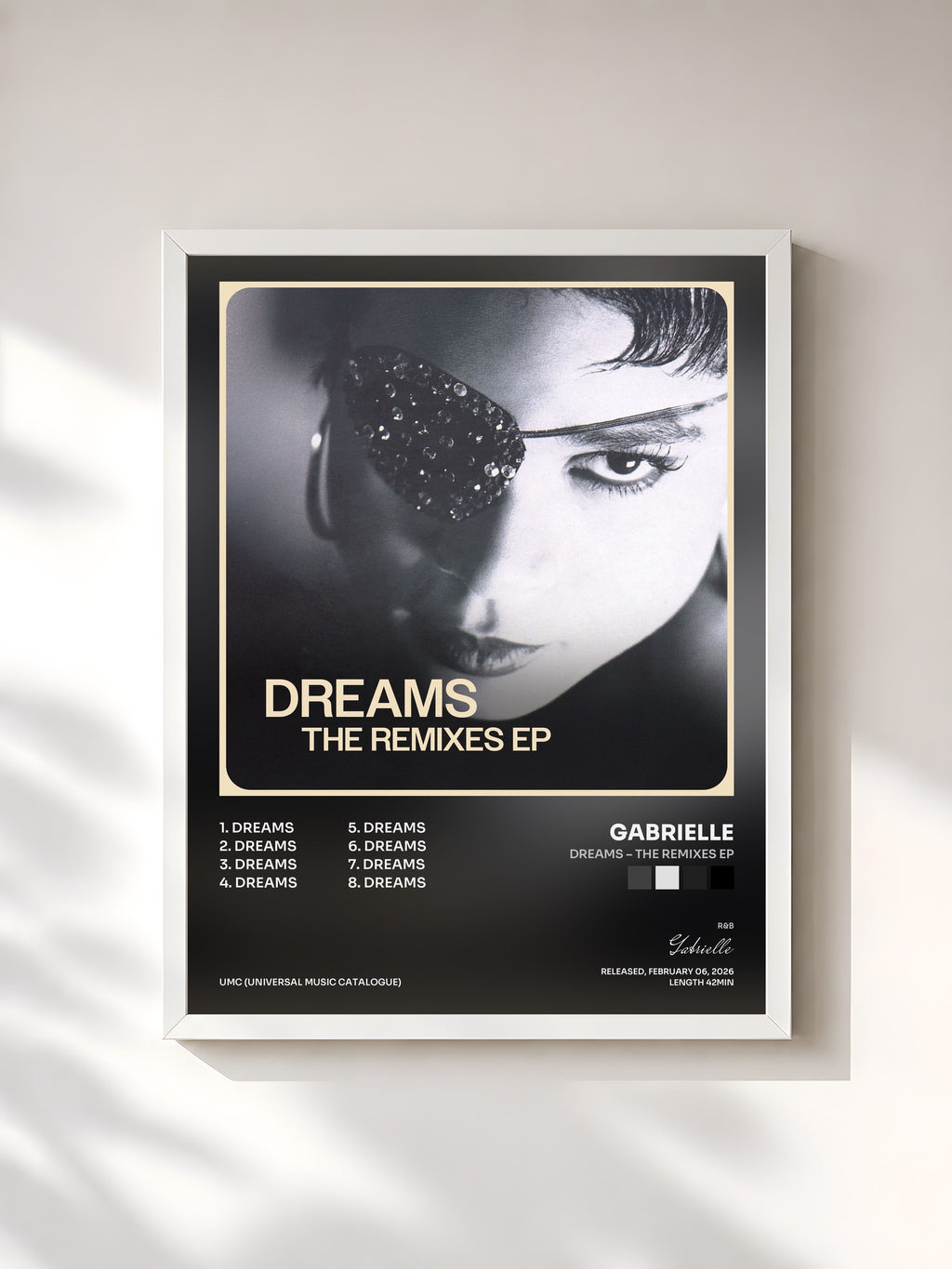 #blanc Tableau de l'album Dreams – The Remixes EP de Gabrielle, cadre blanc, imprimé et encadré en France
