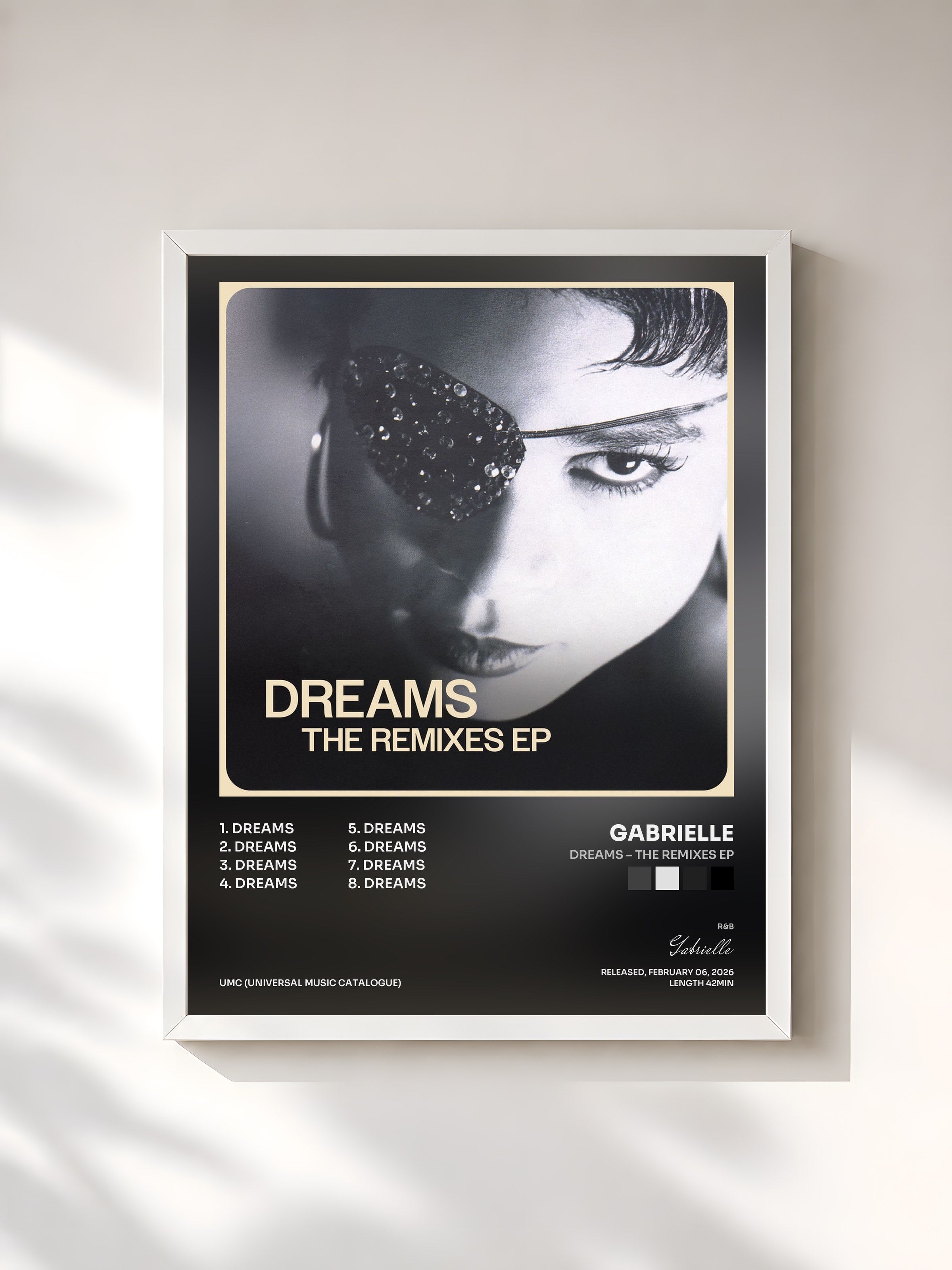 #blanc Tableau de l'album Dreams – The Remixes EP de Gabrielle, cadre blanc, imprimé et encadré en France