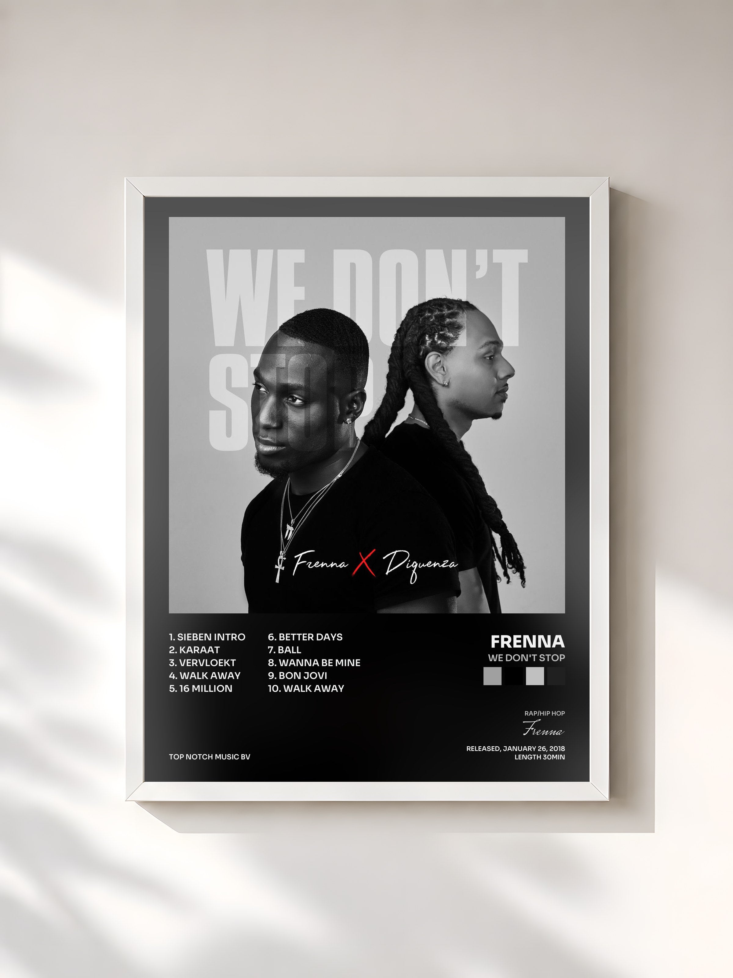 #blanc Tableau de l'album We Don't Stop de Frenna, cadre blanc, imprimé et encadré en France