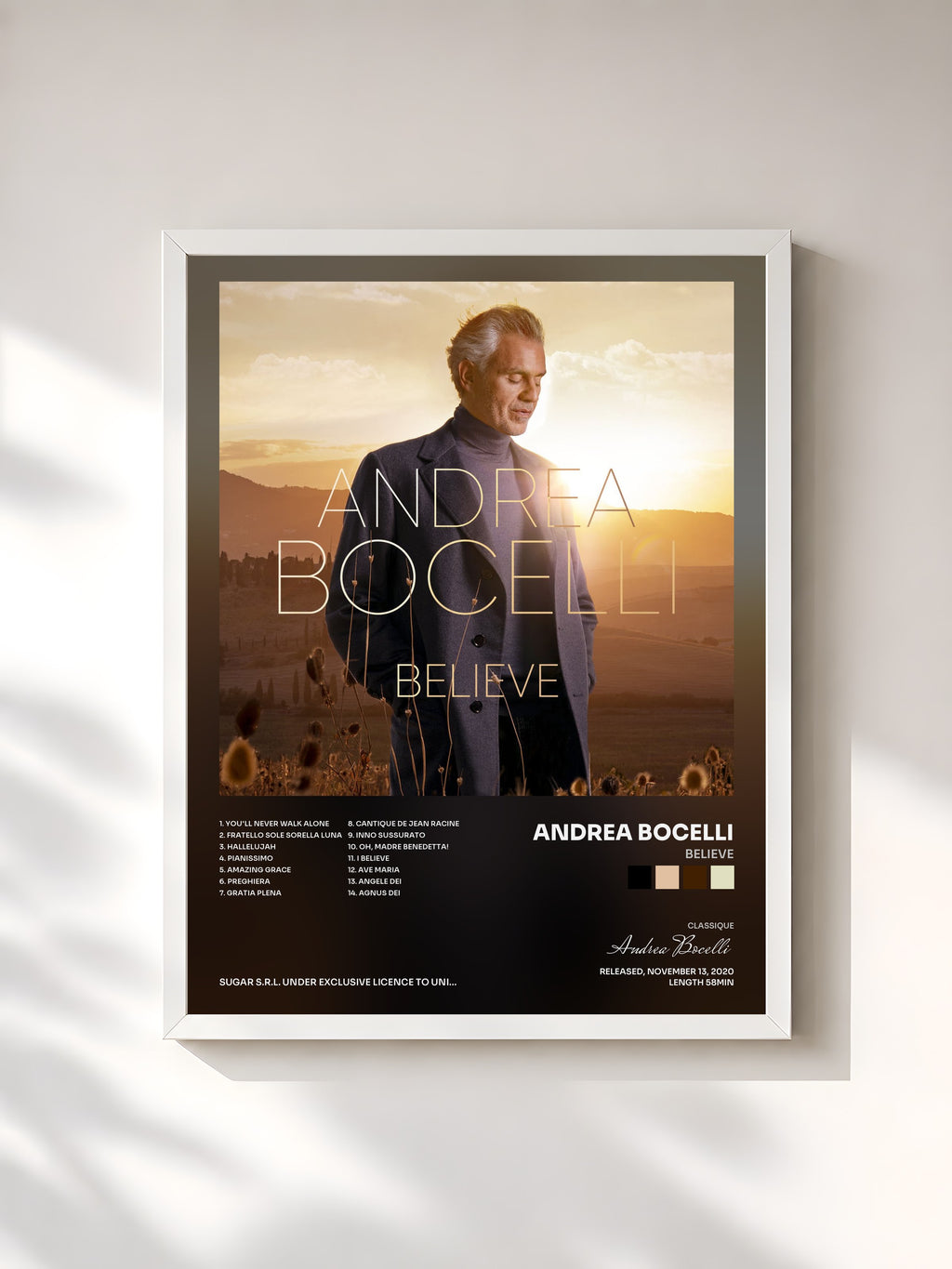 #blanc Tableau de l'album Believe de Andrea Bocelli, cadre blanc, imprimé et encadré en France