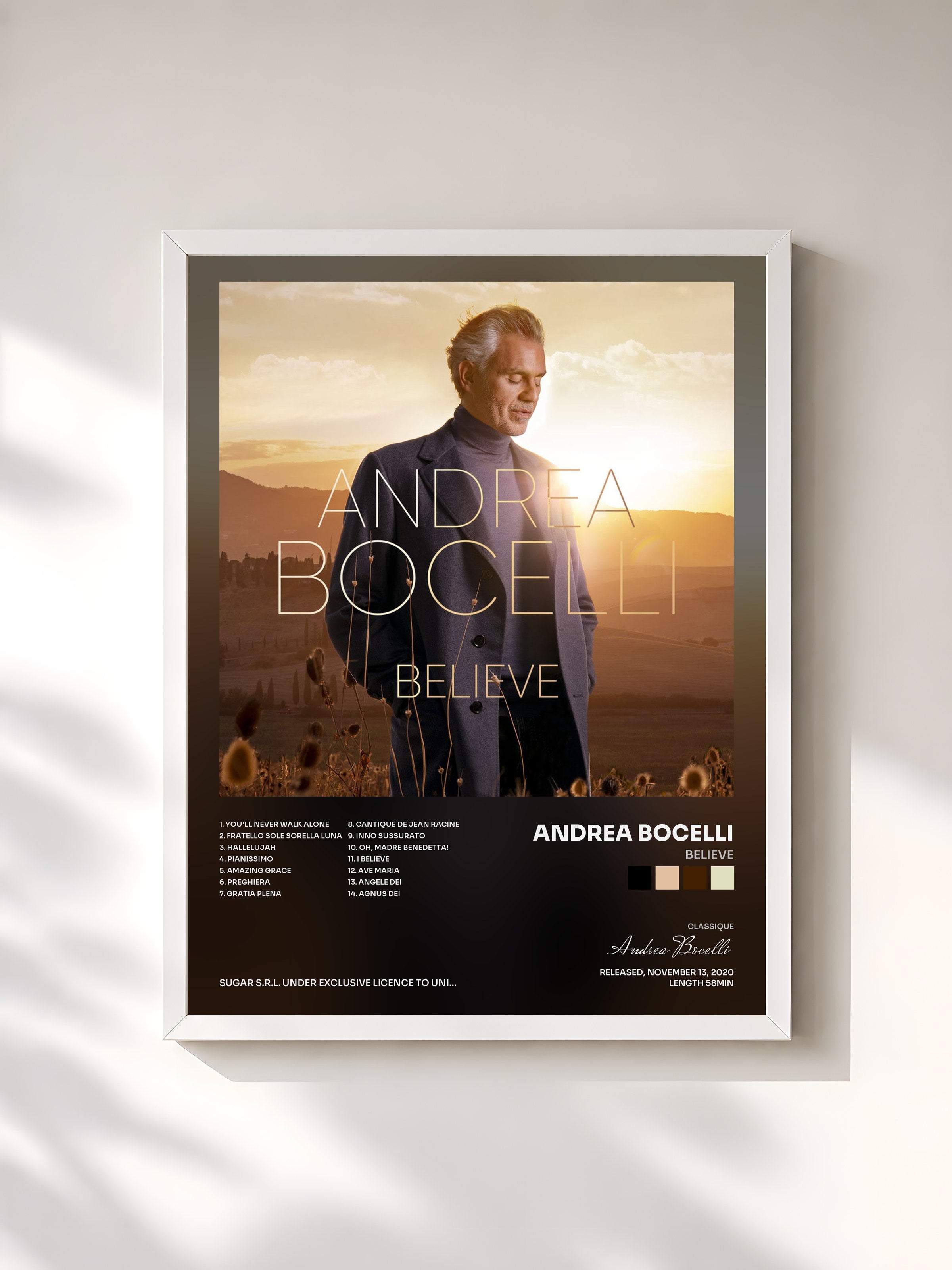 #blanc Tableau de l'album Believe de Andrea Bocelli, cadre blanc, imprimé et encadré en France