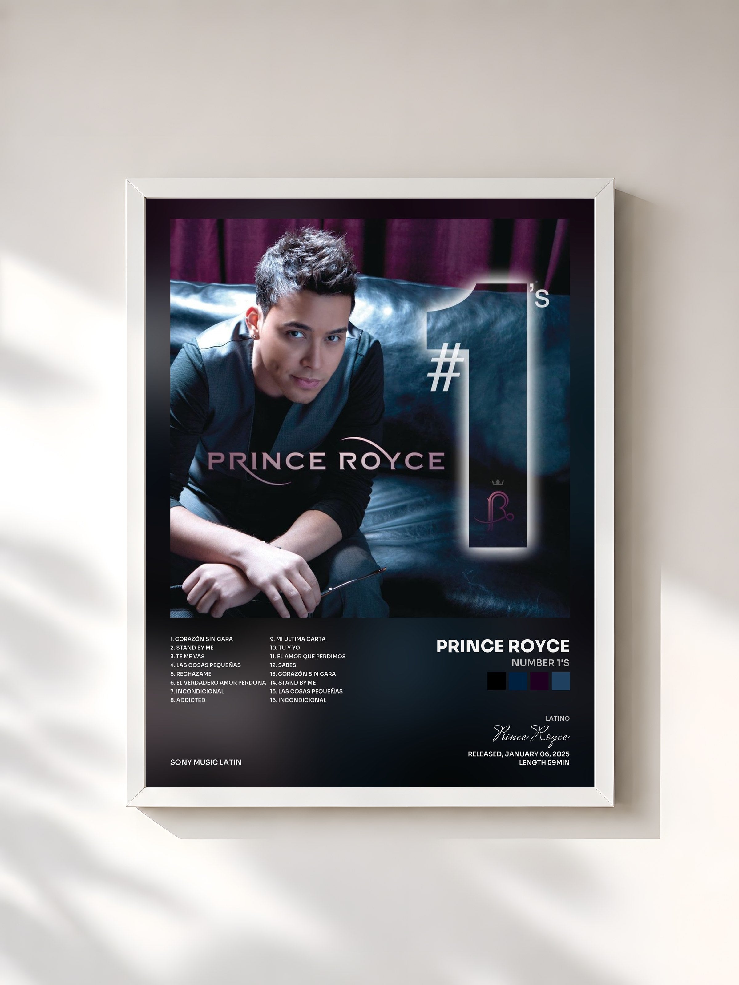 #blanc Tableau de l'album Number 1's de Prince Royce, cadre blanc, imprimé et encadré en France