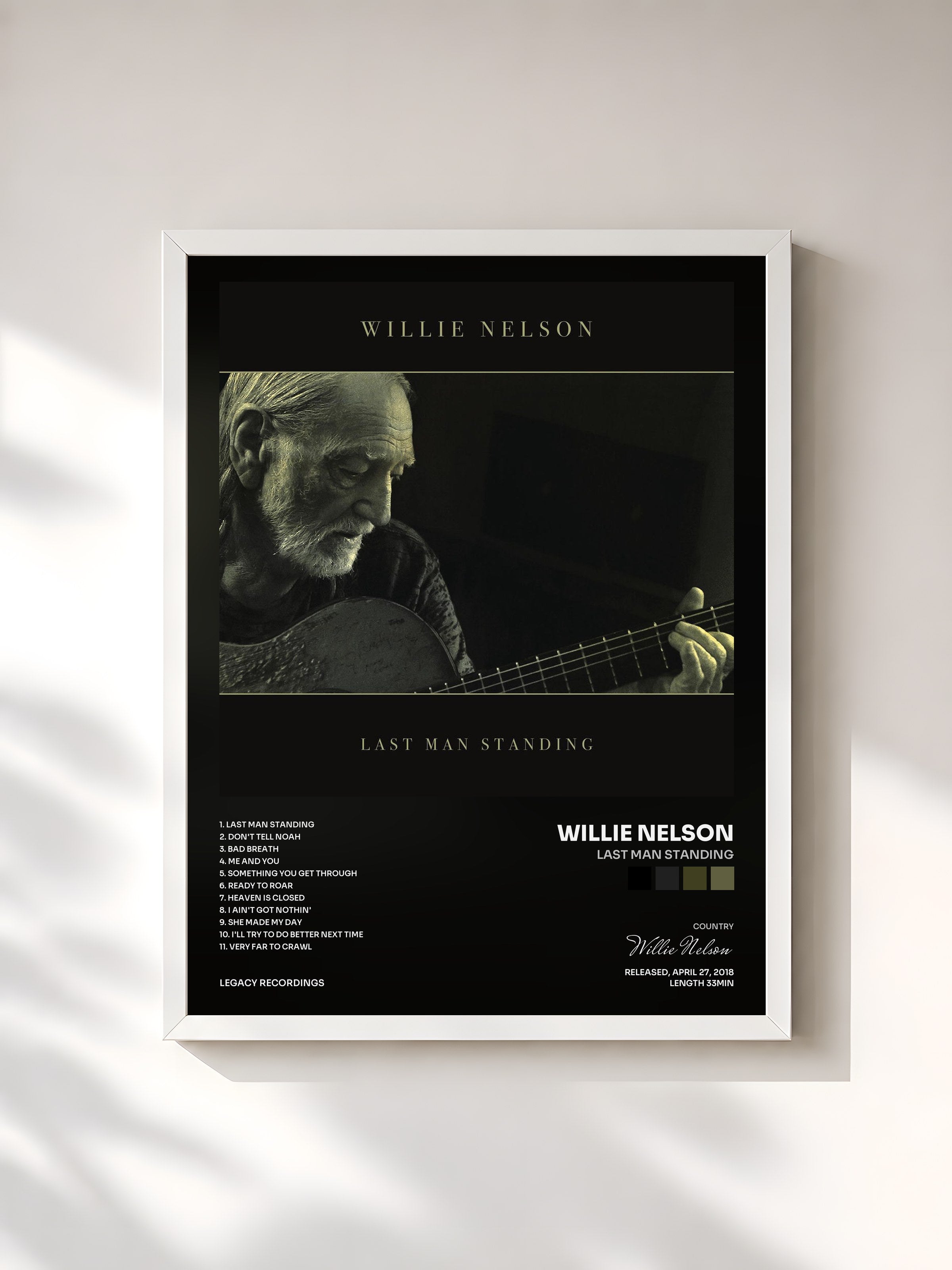 #blanc Tableau de l'album Last Man Standing de Willie Nelson, cadre blanc, imprimé et encadré en France