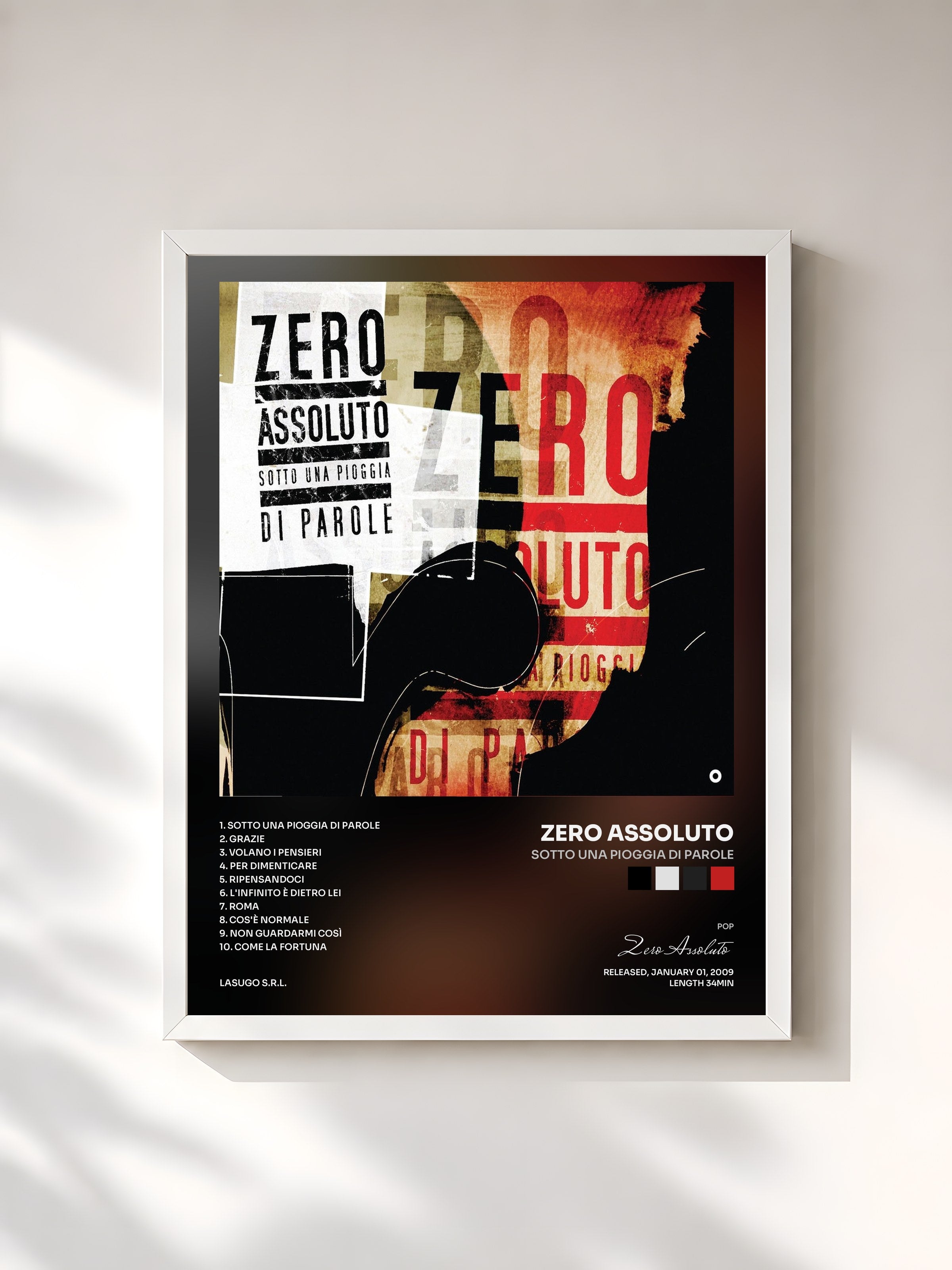 #blanc Tableau de l'album Sotto una pioggia di parole de Zero Assoluto, cadre blanc, imprimé et encadré en France
