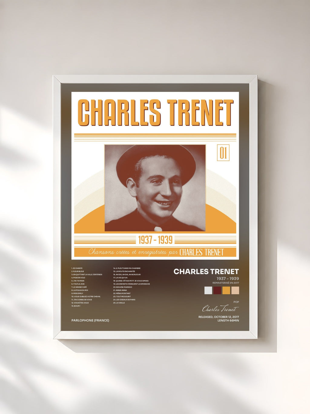 #blanc Tableau de l'album 1937 - 1939 (Remasterisé en 2017) de Charles Trenet, cadre blanc, imprimé et encadré en France