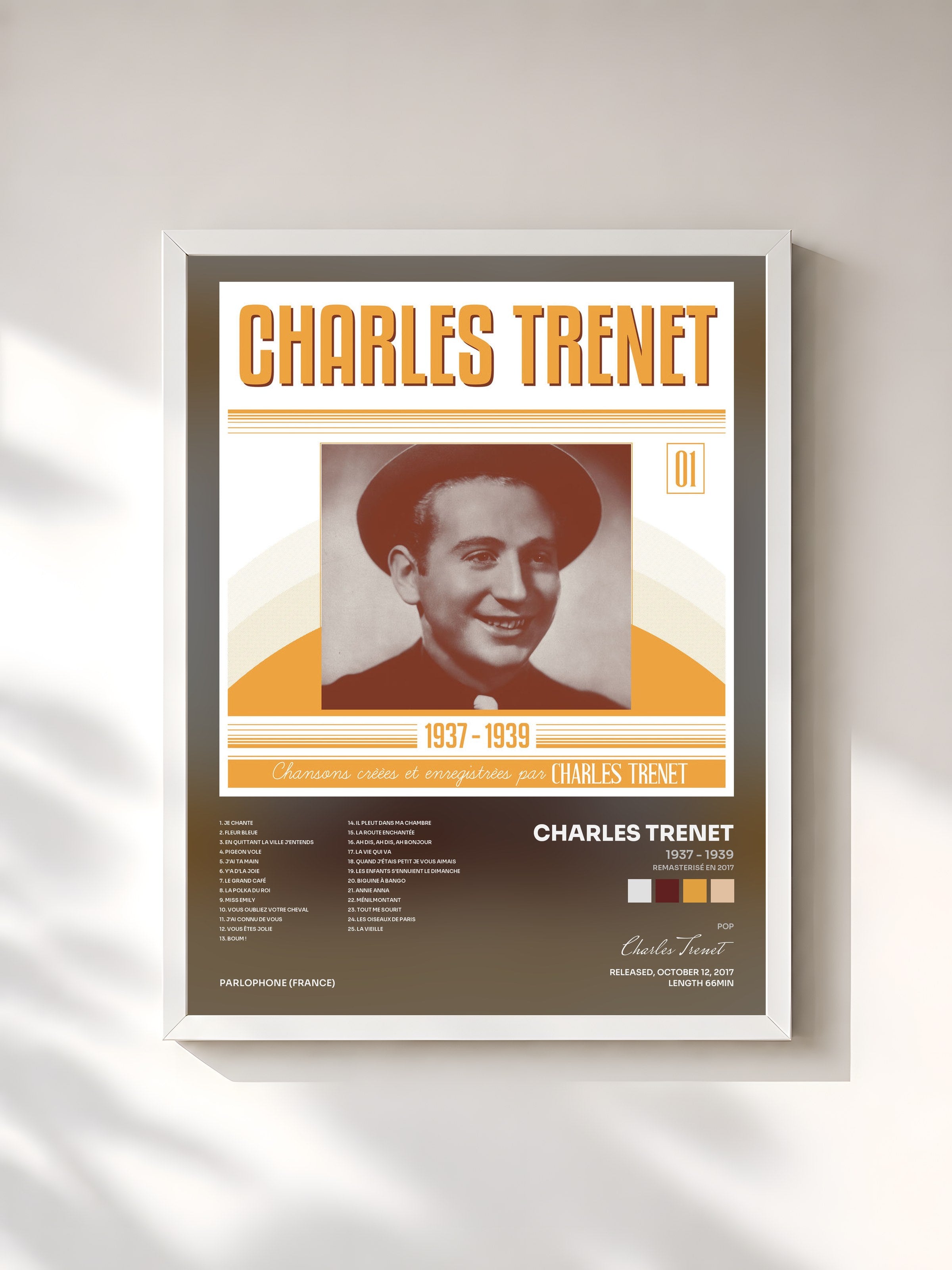 #blanc Tableau de l'album 1937 - 1939 (Remasterisé en 2017) de Charles Trenet, cadre blanc, imprimé et encadré en France