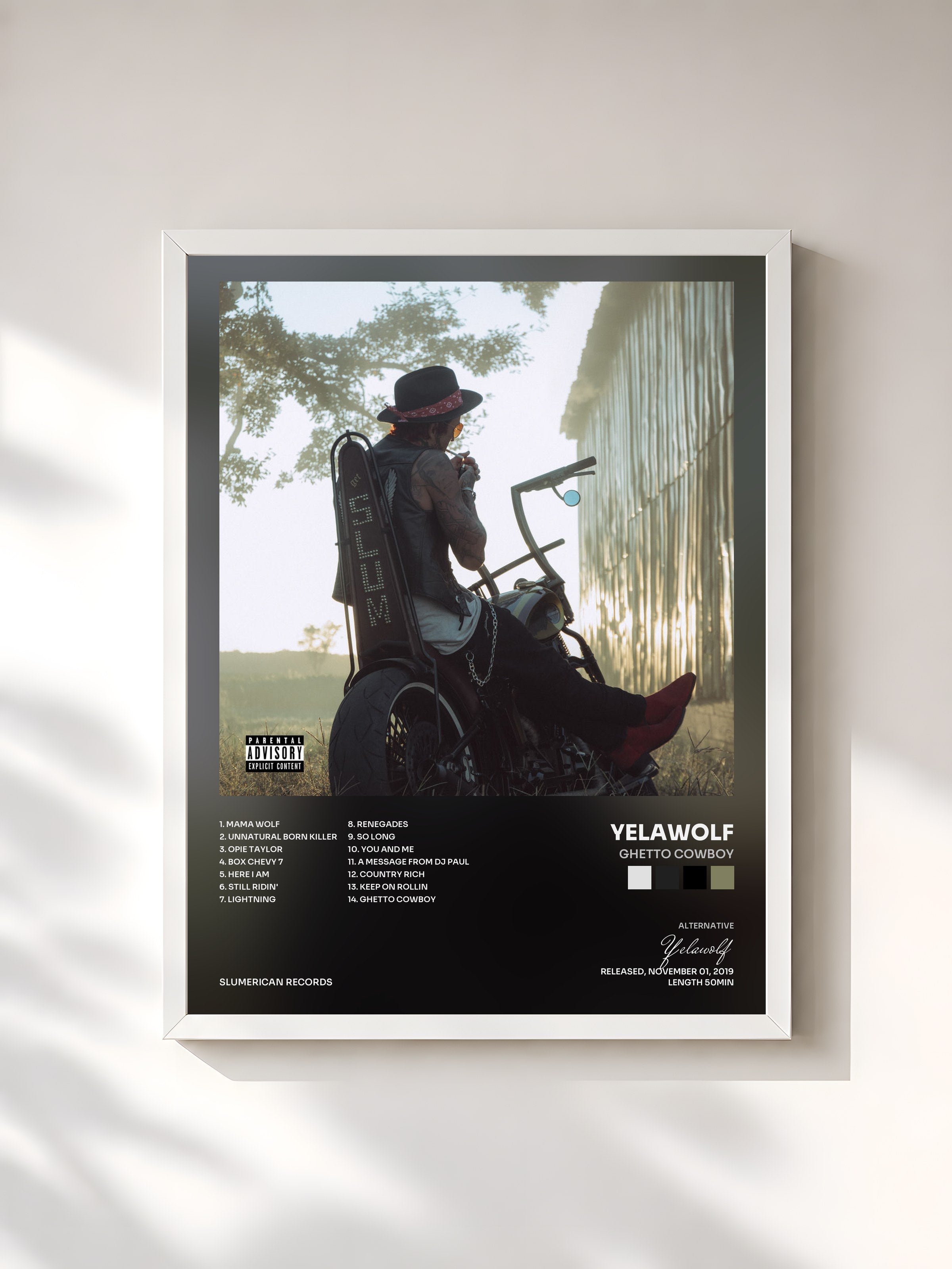#blanc Tableau de l'album Ghetto Cowboy de Yelawolf, cadre blanc, imprimé et encadré en France