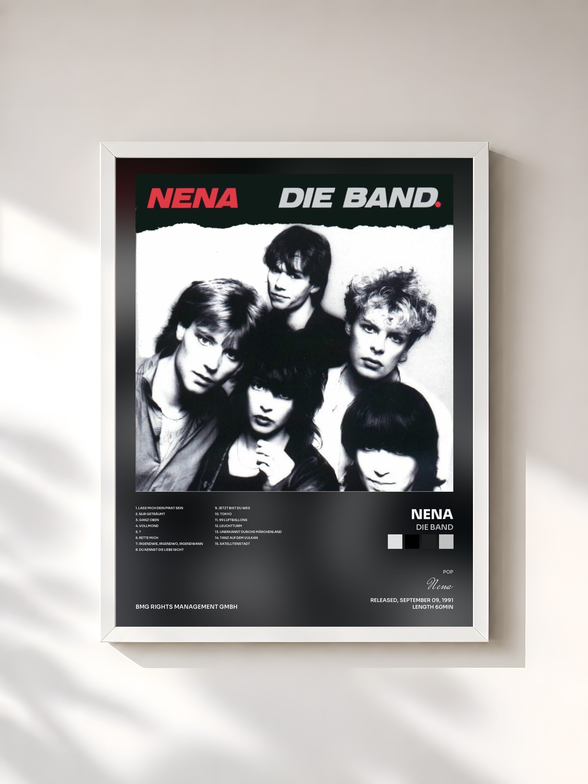 #blanc Tableau de l'album Die Band de Nena, cadre blanc, imprimé et encadré en France