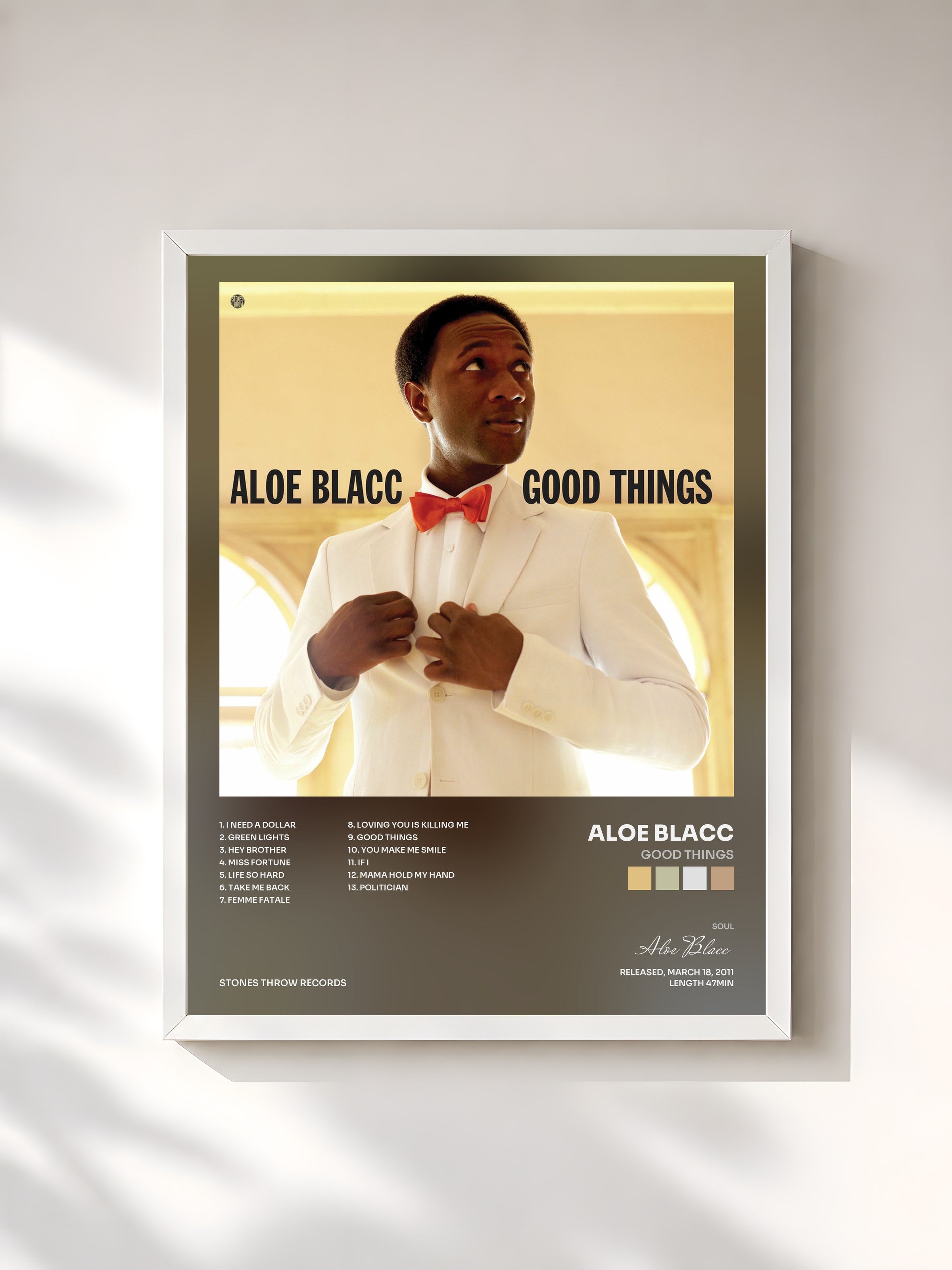 #blanc Tableau de l'album Good Things de Aloe Blacc, cadre blanc, imprimé et encadré en France