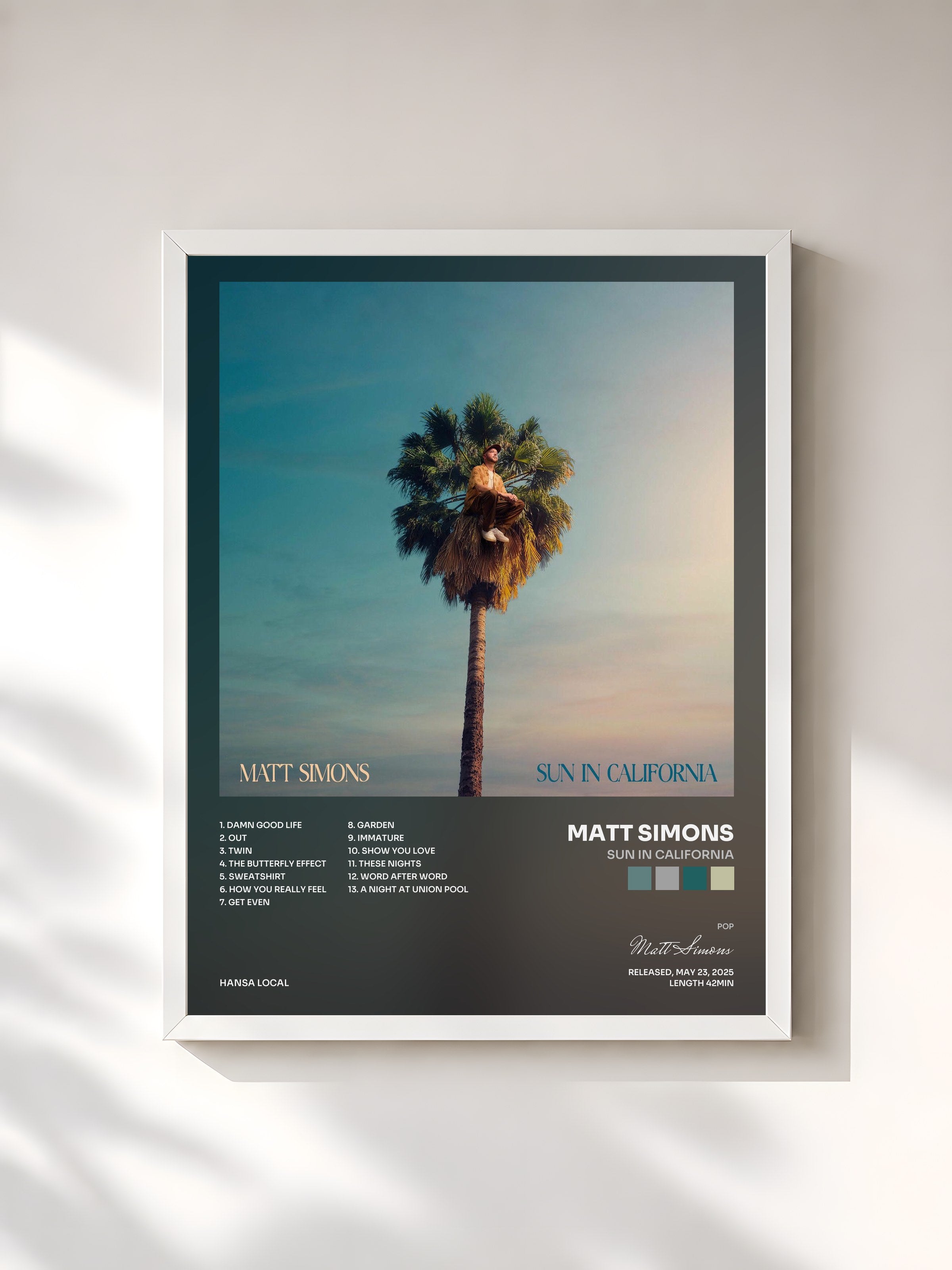 #blanc Tableau de l'album Sun In California de Matt Simons, cadre blanc, imprimé et encadré en France