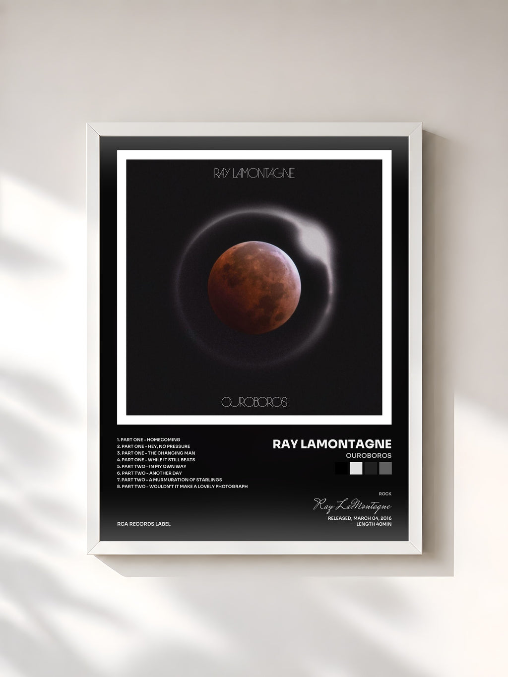 #blanc Tableau de l'album Ouroboros de Ray LaMontagne, cadre blanc, imprimé et encadré en France