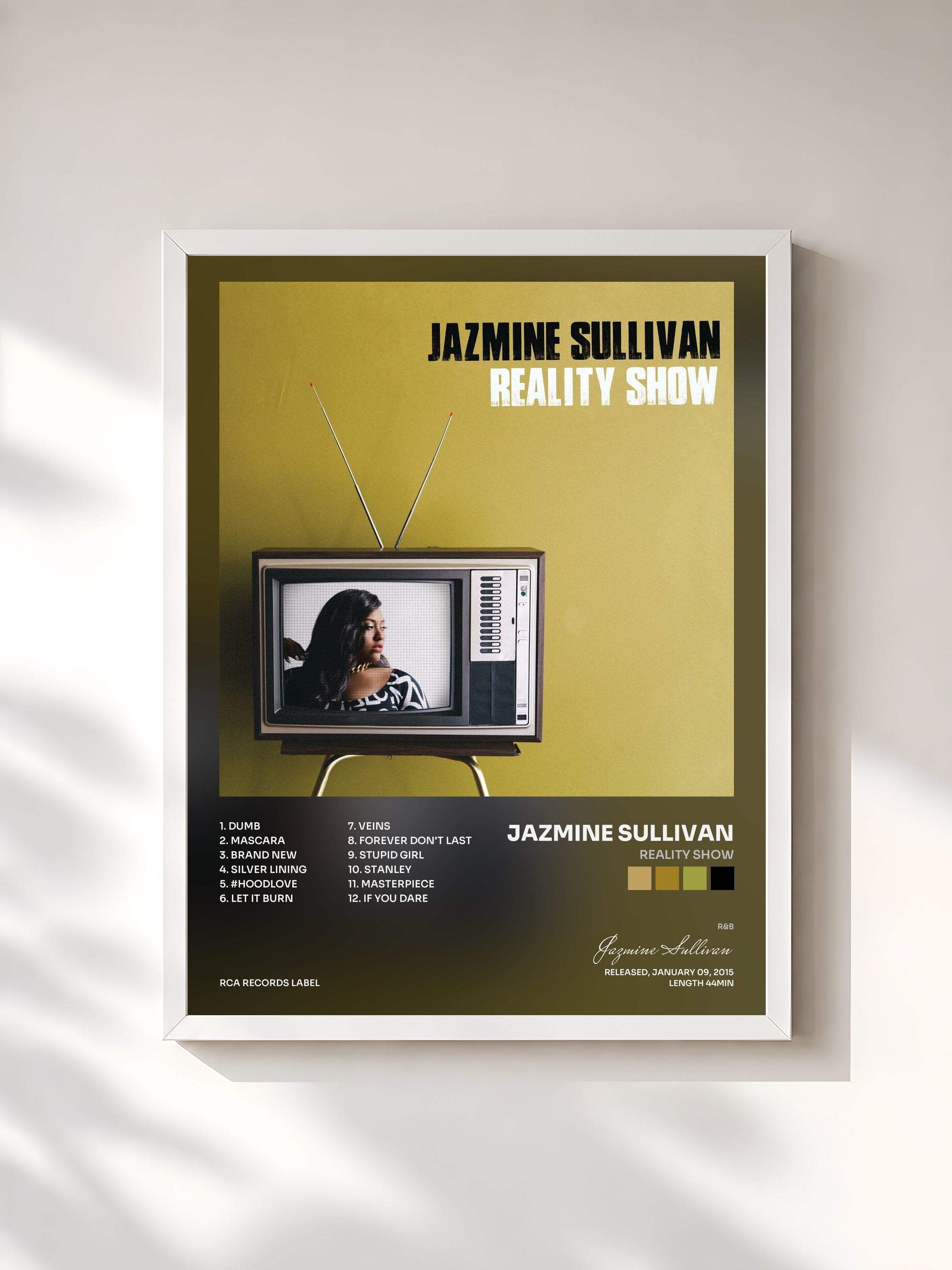 #blanc Tableau de l'album Reality Show de Jazmine Sullivan, cadre blanc, imprimé et encadré en France