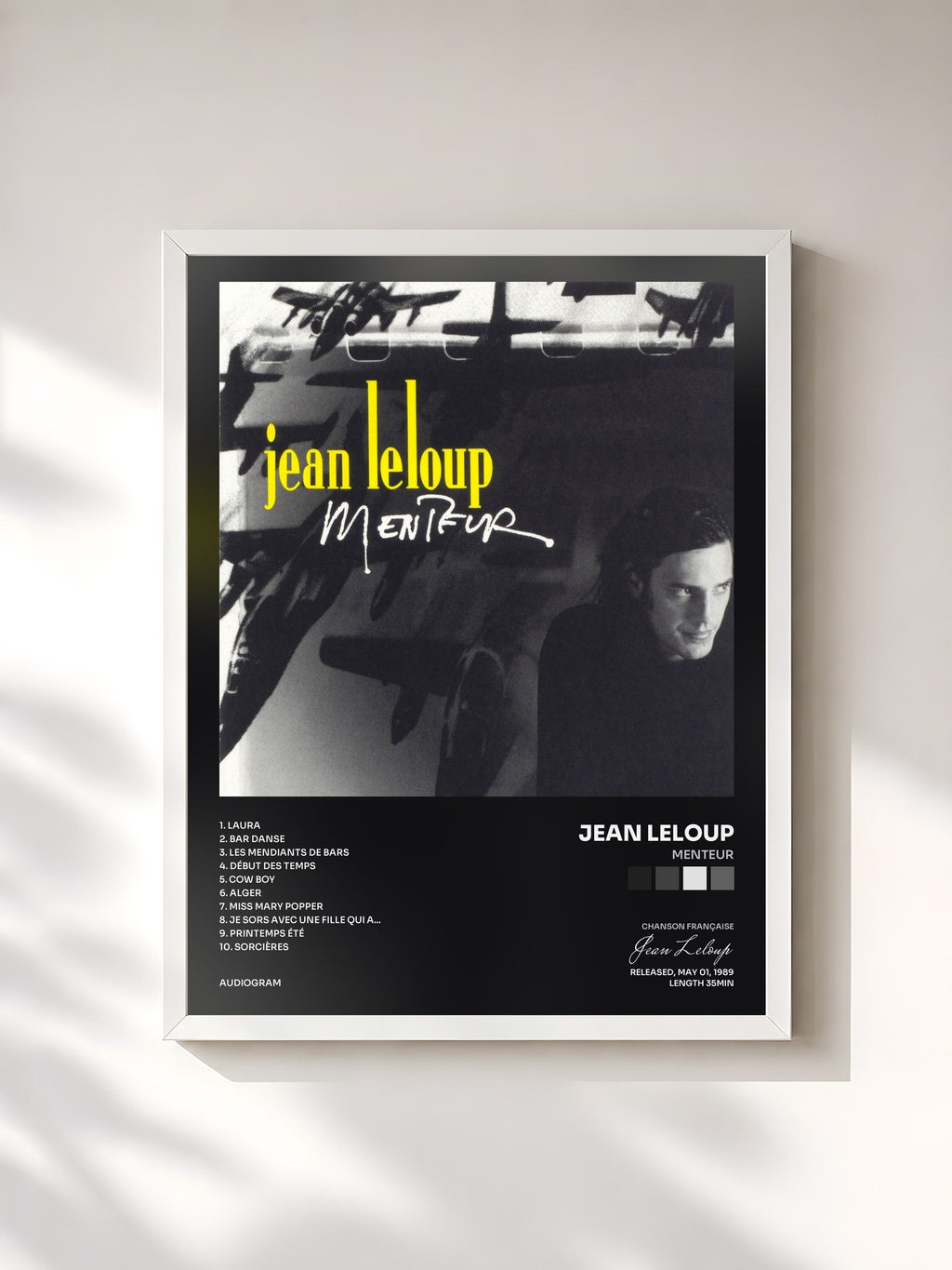 #blanc Menteur di Jean Leloup in stampa incorniciata, cornice bianca, stampata e incorniciata in Francia