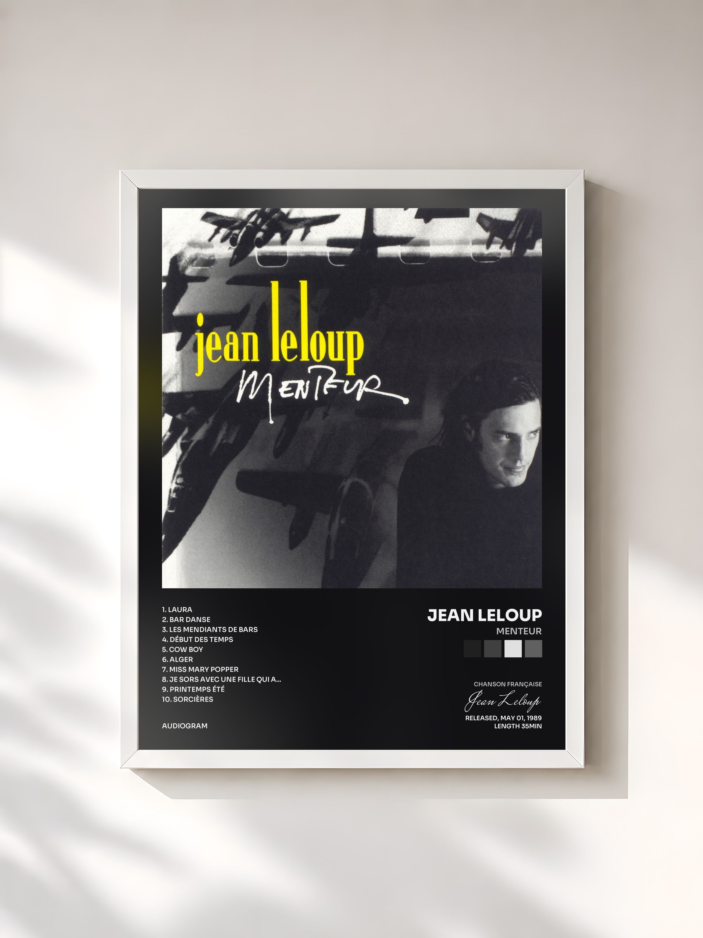 #blanc Tableau de l'album Menteur de Jean Leloup, cadre blanc, imprimé et encadré en France