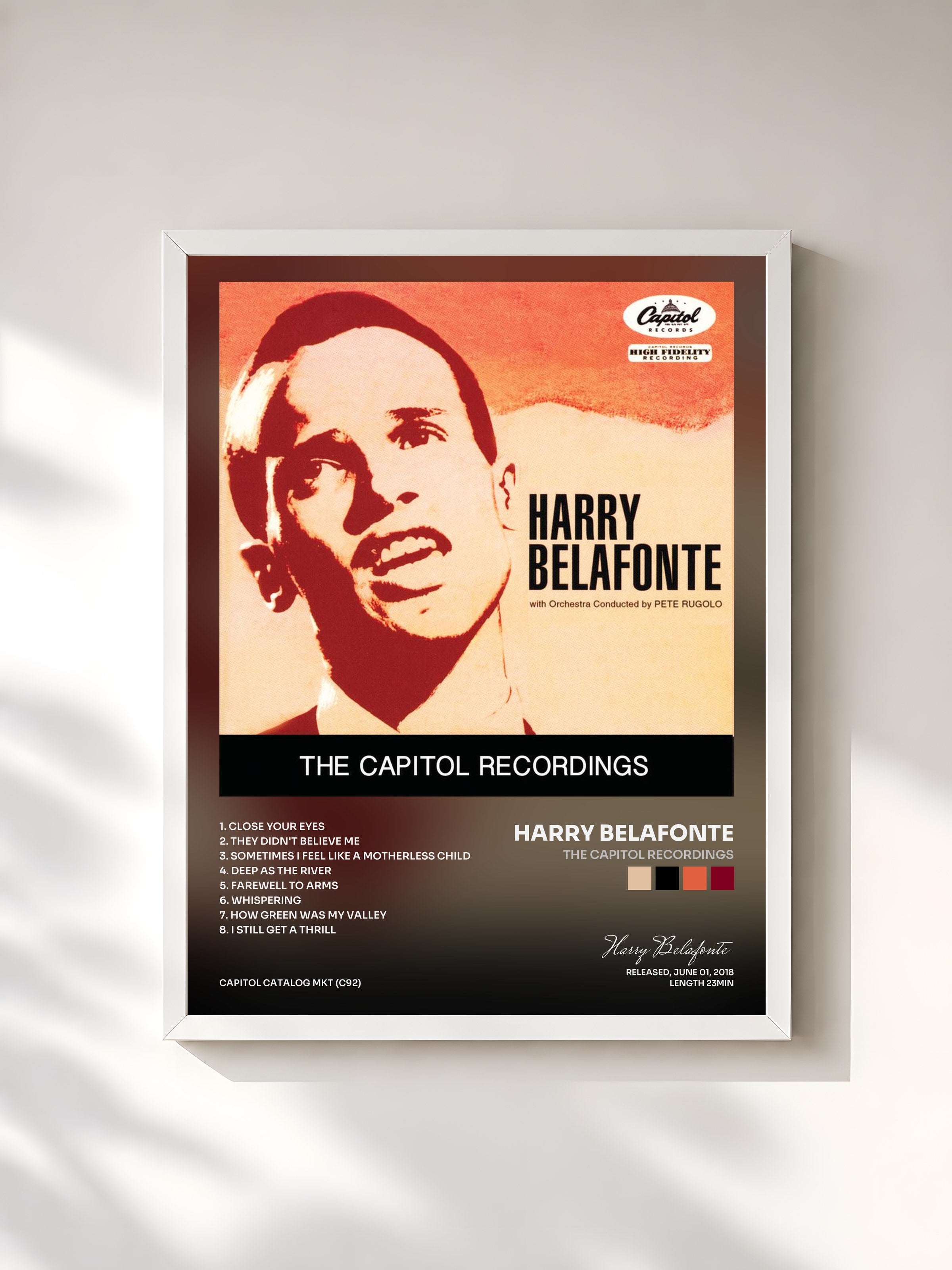 #blanc Tableau de l'album The Capitol Recordings de Harry Belafonte, cadre blanc, imprimé et encadré en France