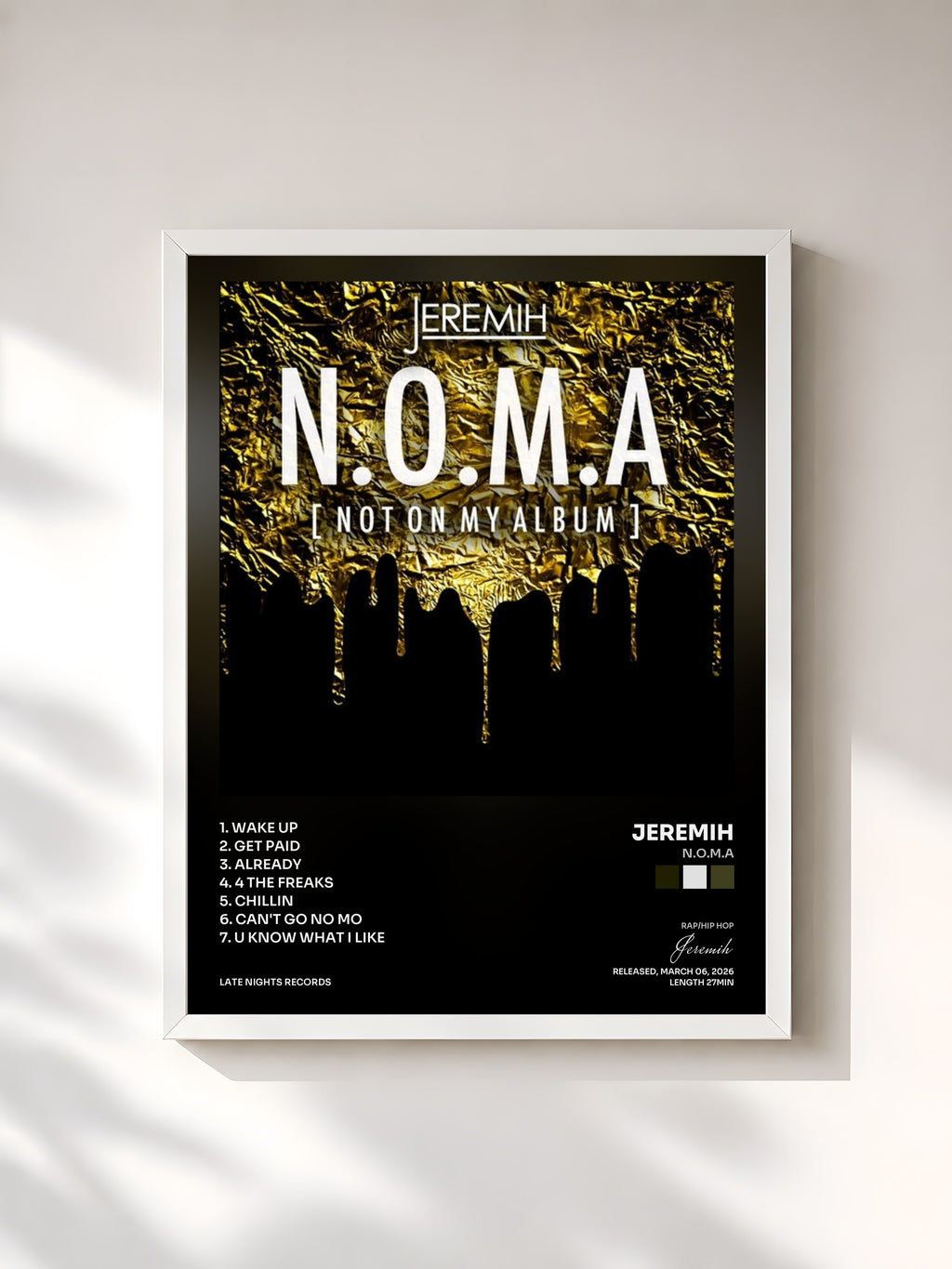 #blanc Tableau de l'album N.O.M.A de Jeremih, cadre blanc, imprimé et encadré en France