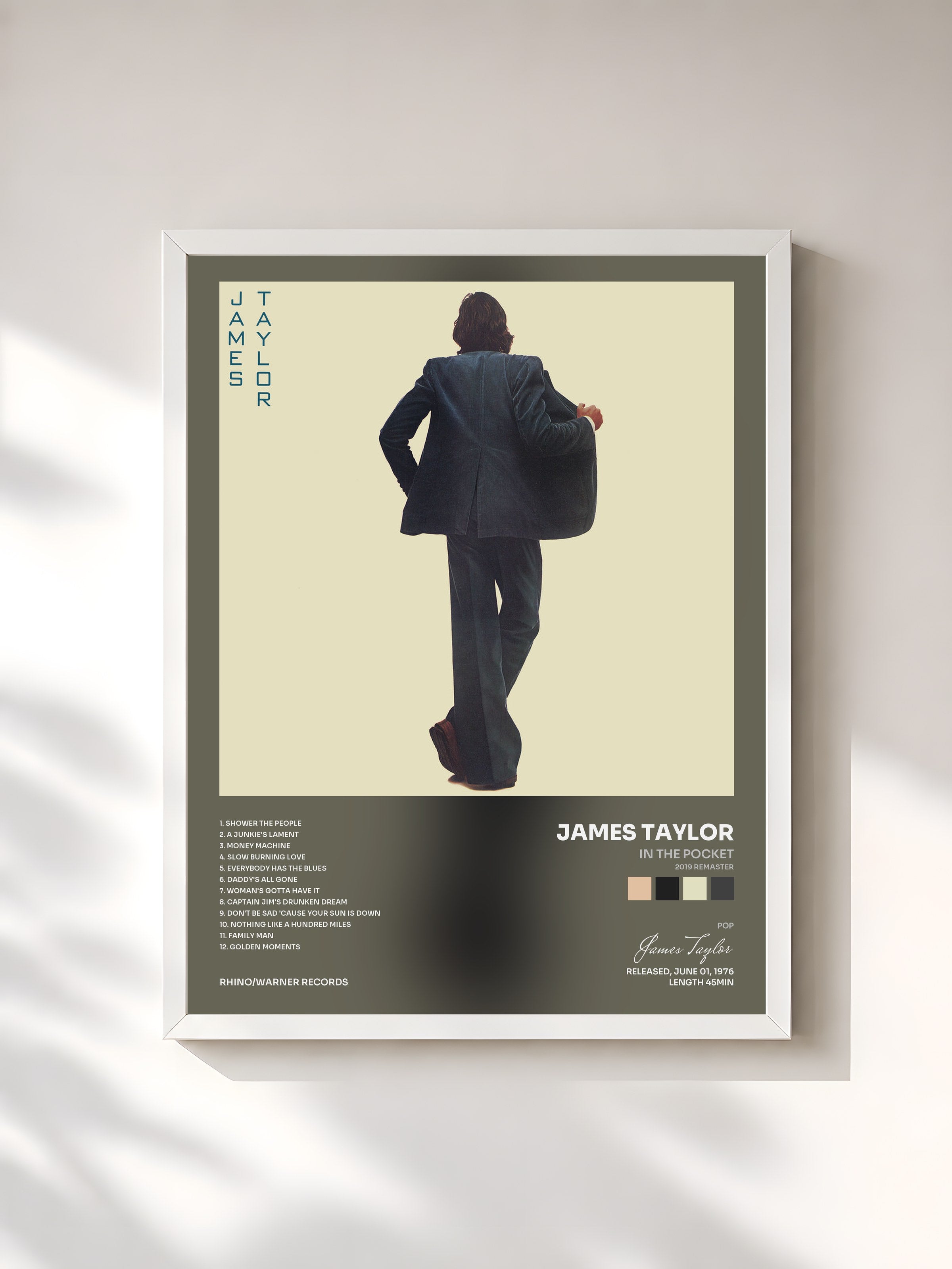 #blanc Tableau de l'album In the Pocket (2019 Remaster) de James Taylor, cadre blanc, imprimé et encadré en France