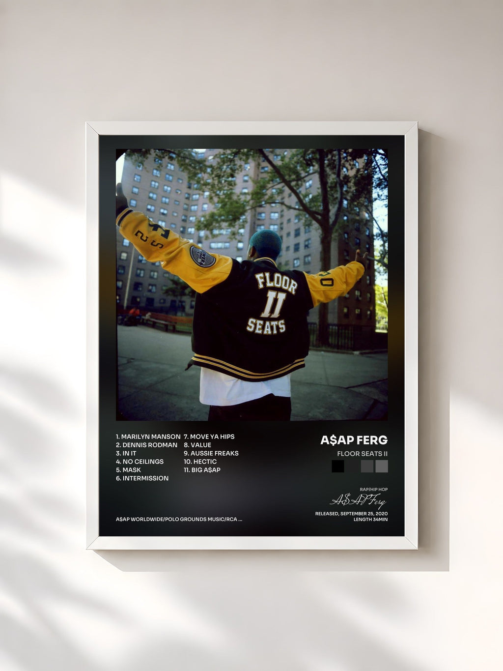 #blanc Tableau de l'album Floor Seats II de A$AP Ferg, cadre blanc, imprimé et encadré en France
