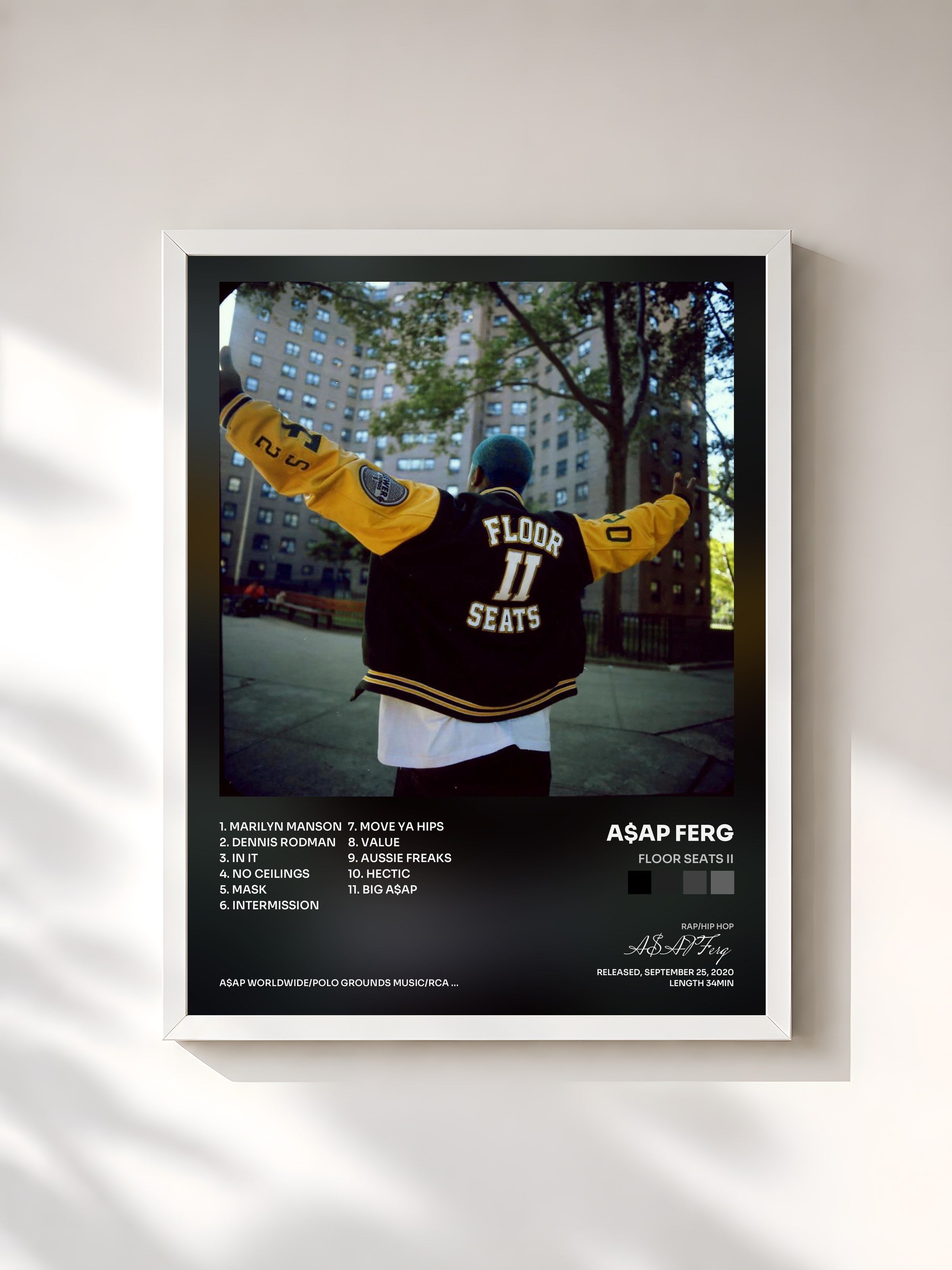 #blanc Tableau de l'album Floor Seats II de A$AP Ferg, cadre blanc, imprimé et encadré en France