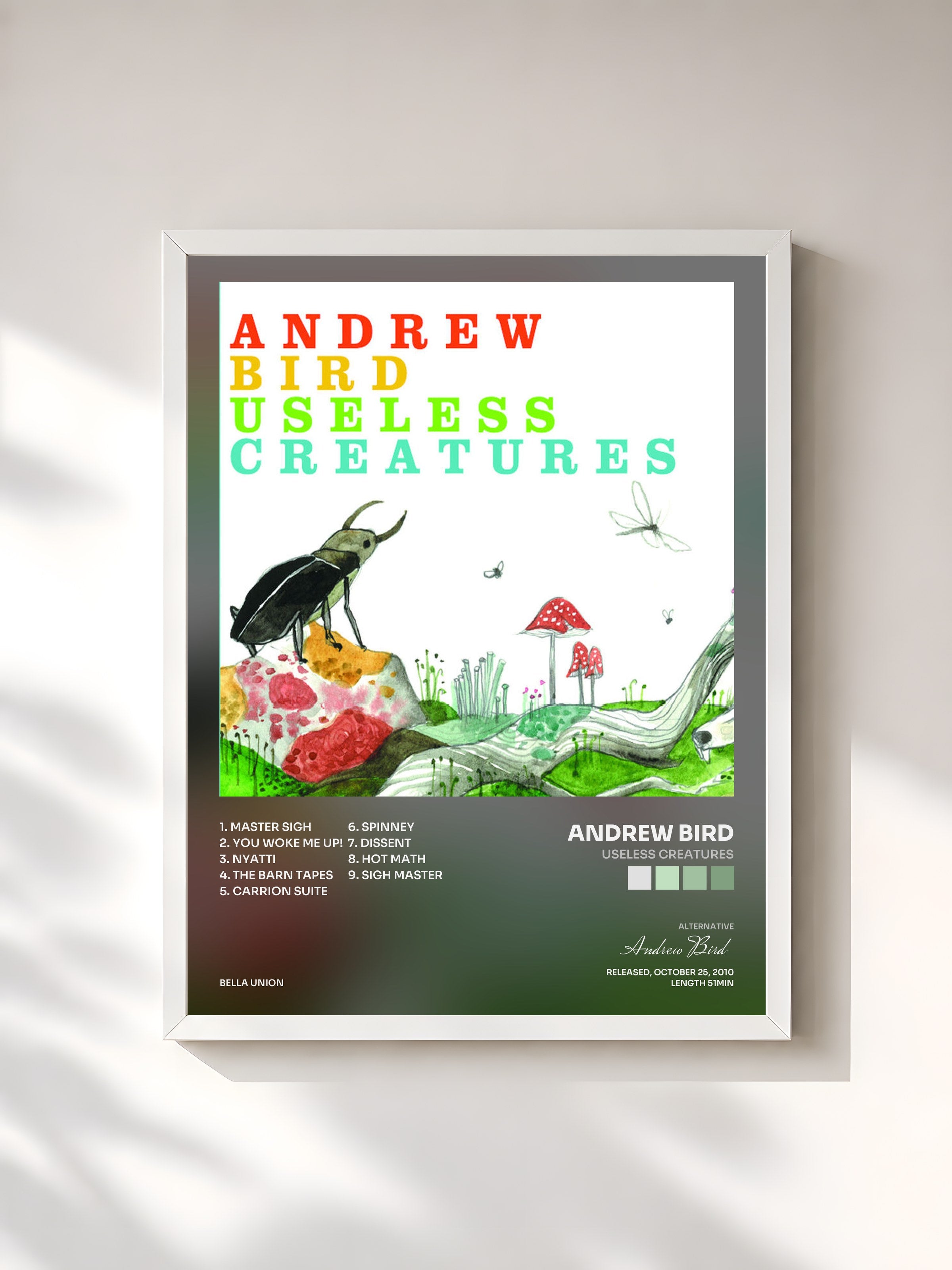 #blanc Tableau de l'album Useless Creatures de Andrew Bird, cadre blanc, imprimé et encadré en France