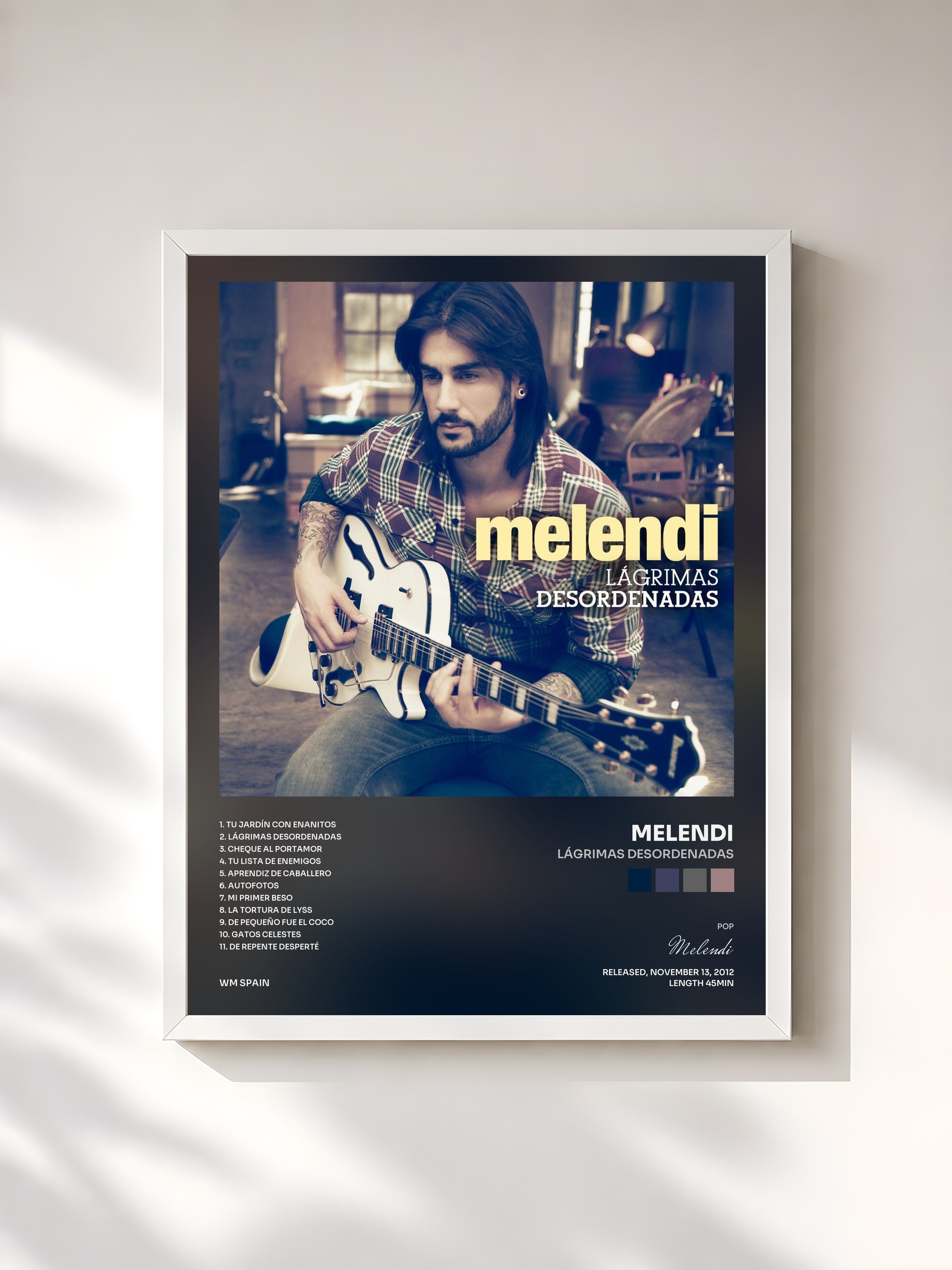 #blanc Tableau de l'album Lágrimas desordenadas de Melendi, cadre blanc, imprimé et encadré en France