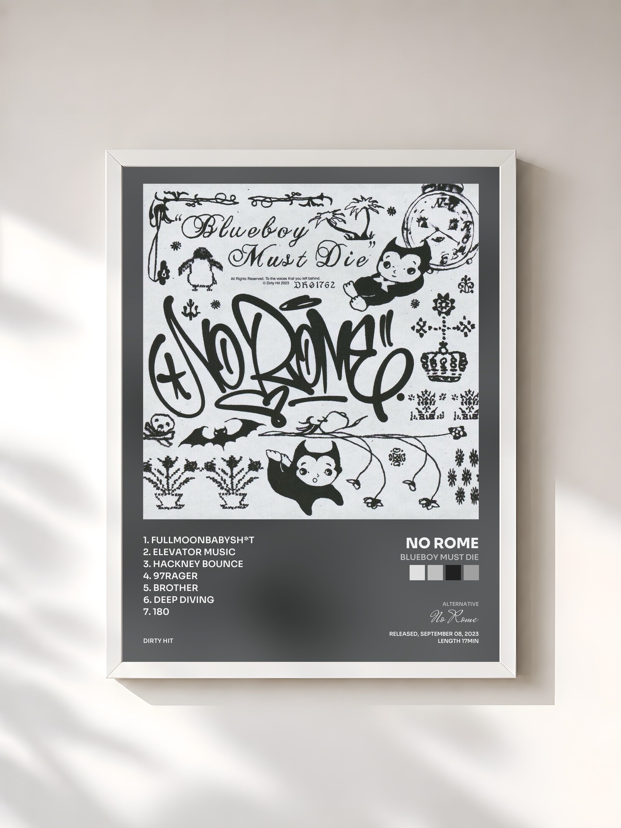 #blanc Tableau de l'album Blueboy Must Die de No Rome, cadre blanc, imprimé et encadré en France