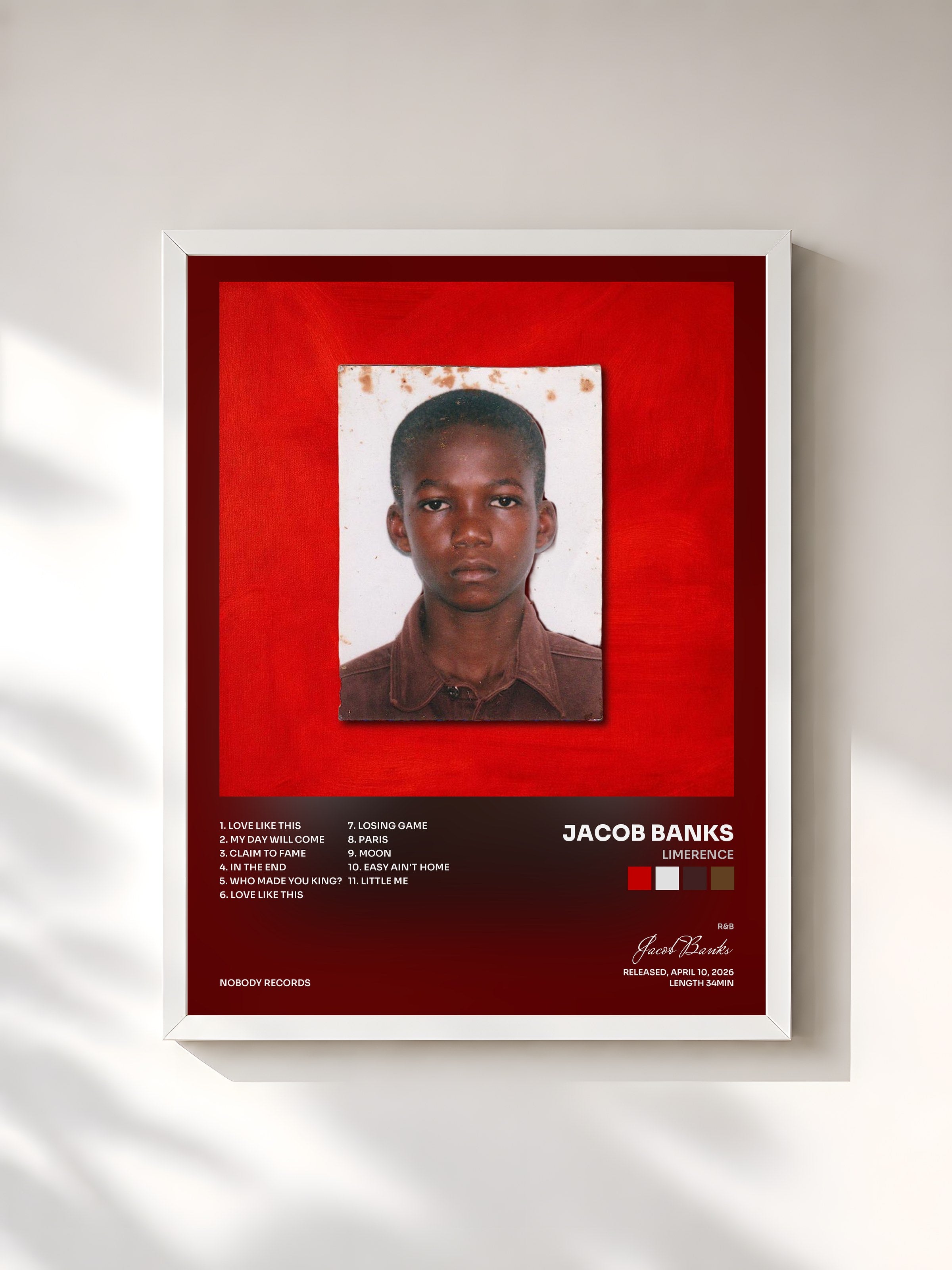 #blanc Tableau de l'album Limerence de Jacob Banks, cadre blanc, imprimé et encadré en France