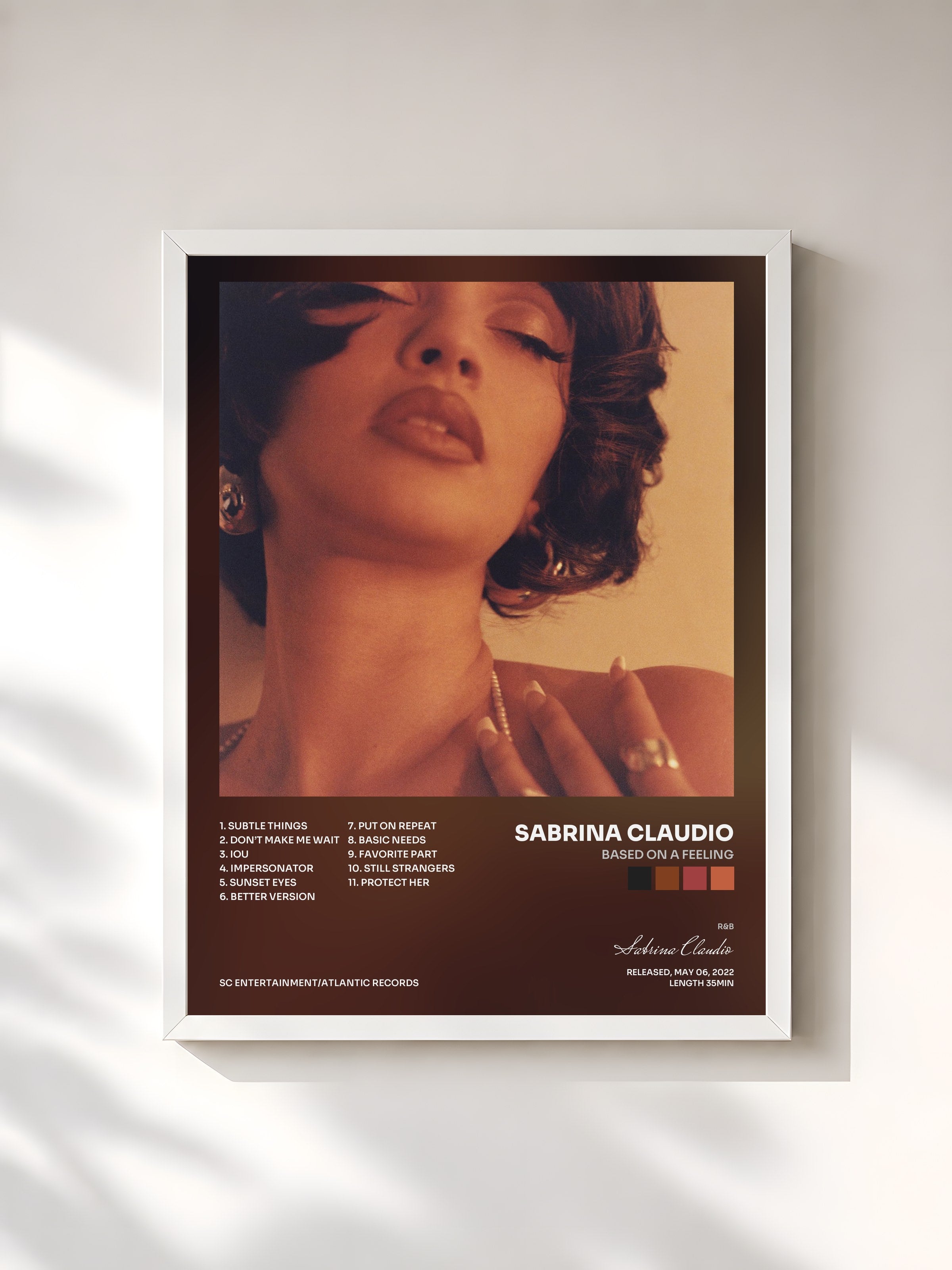 #blanc Tableau de l'album Based On A Feeling de Sabrina Claudio, cadre blanc, imprimé et encadré en France