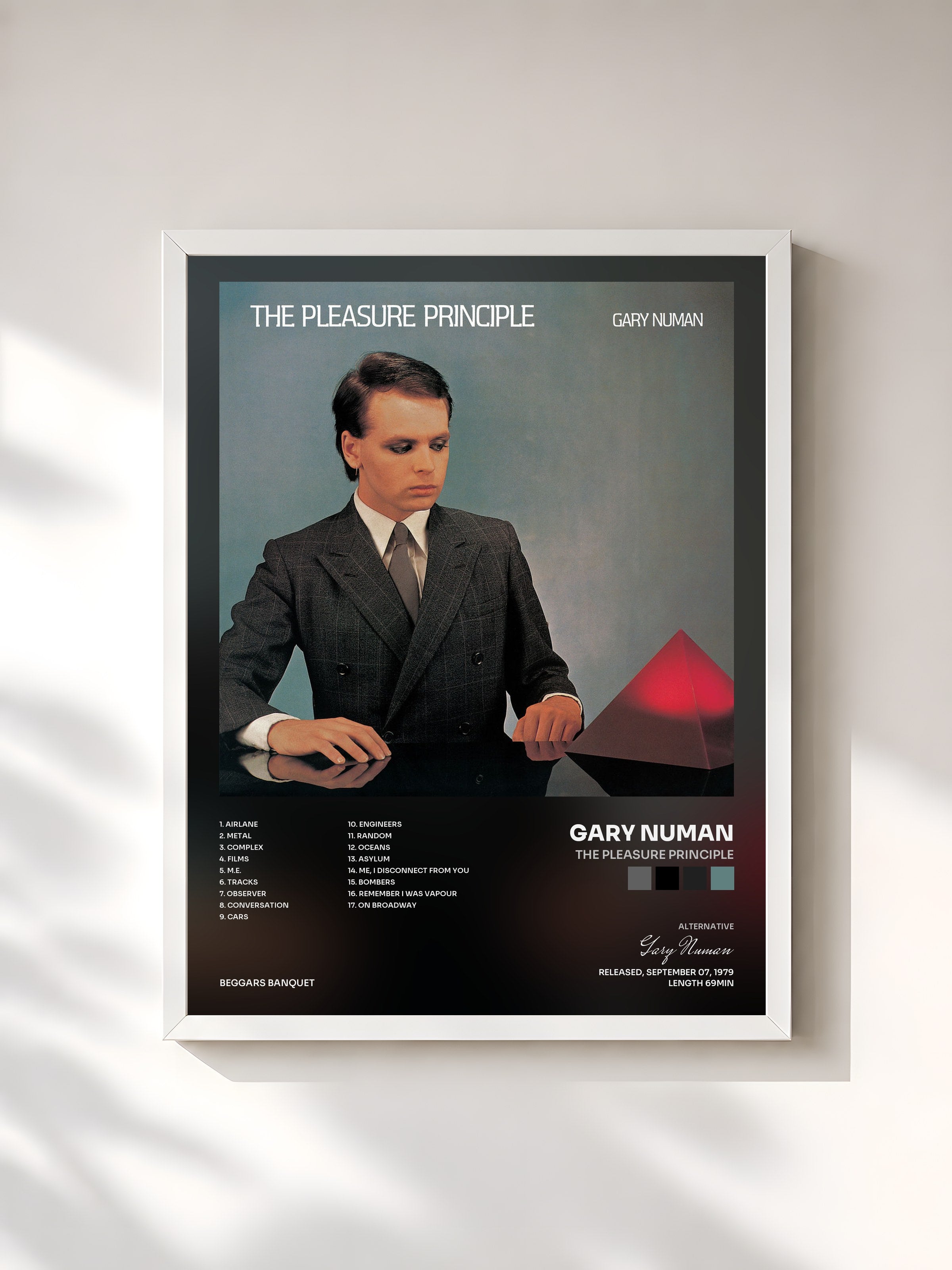 #blanc Tableau de l'album The Pleasure Principle de Gary Numan, cadre blanc, imprimé et encadré en France