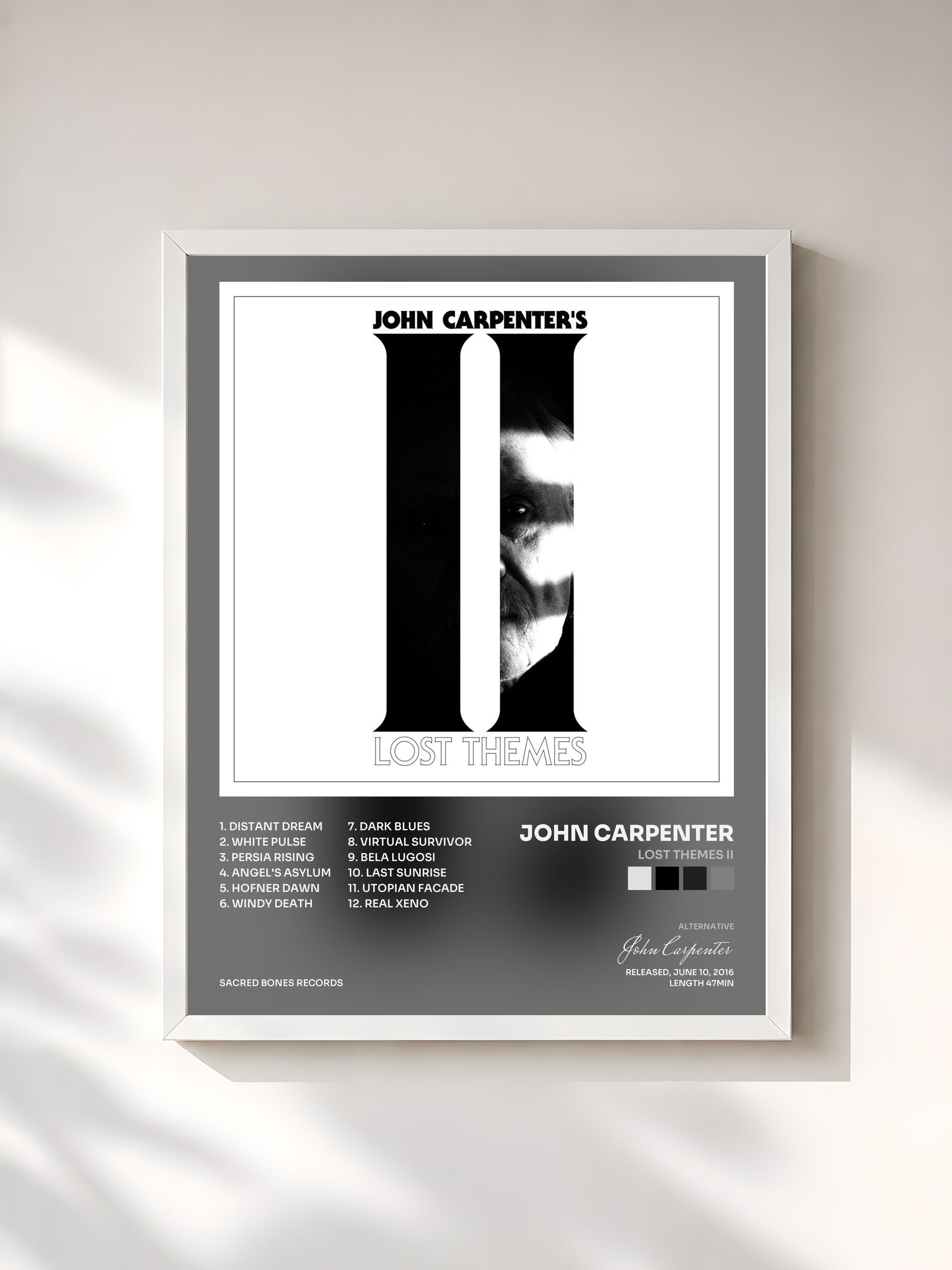 #blanc Tableau de l'album Lost Themes II de John Carpenter, cadre blanc, imprimé et encadré en France