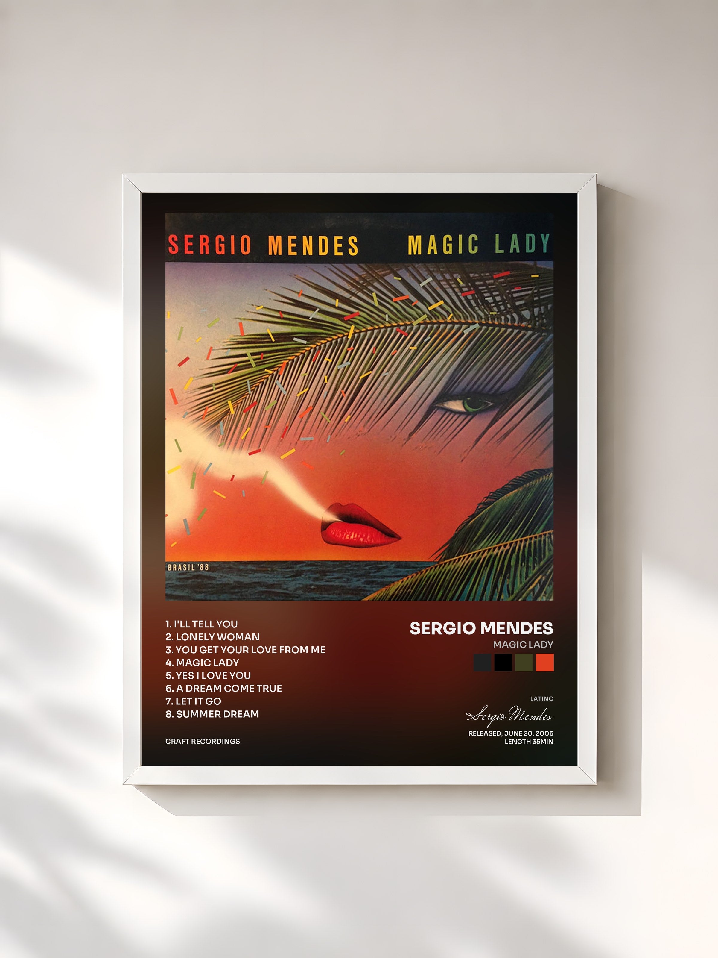 #blanc Tableau de l'album Magic Lady de Sergio Mendes, cadre blanc, imprimé et encadré en France