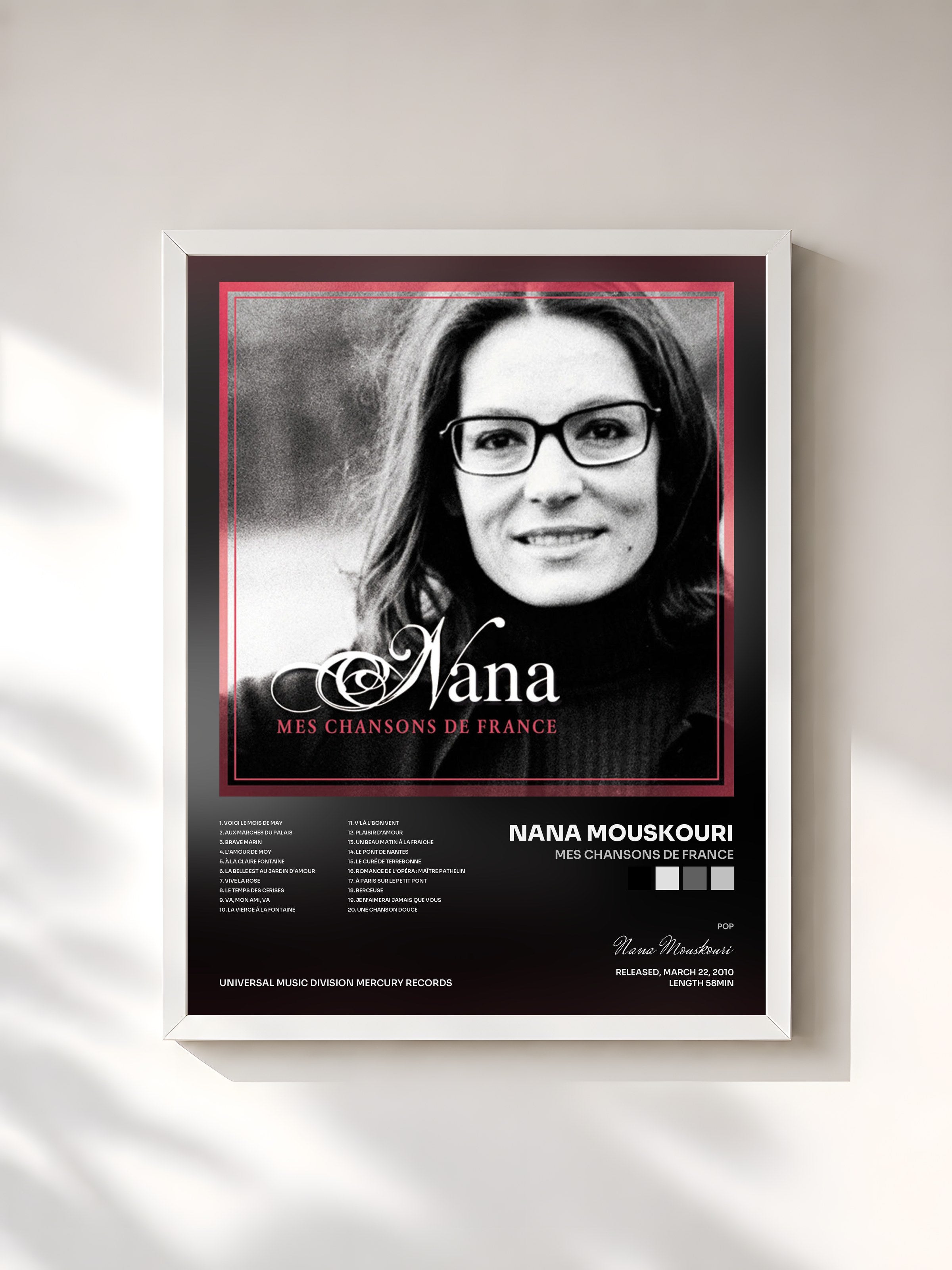 #blanc Tableau de l'album Mes Chansons De France de Nana Mouskouri, cadre blanc, imprimé et encadré en France