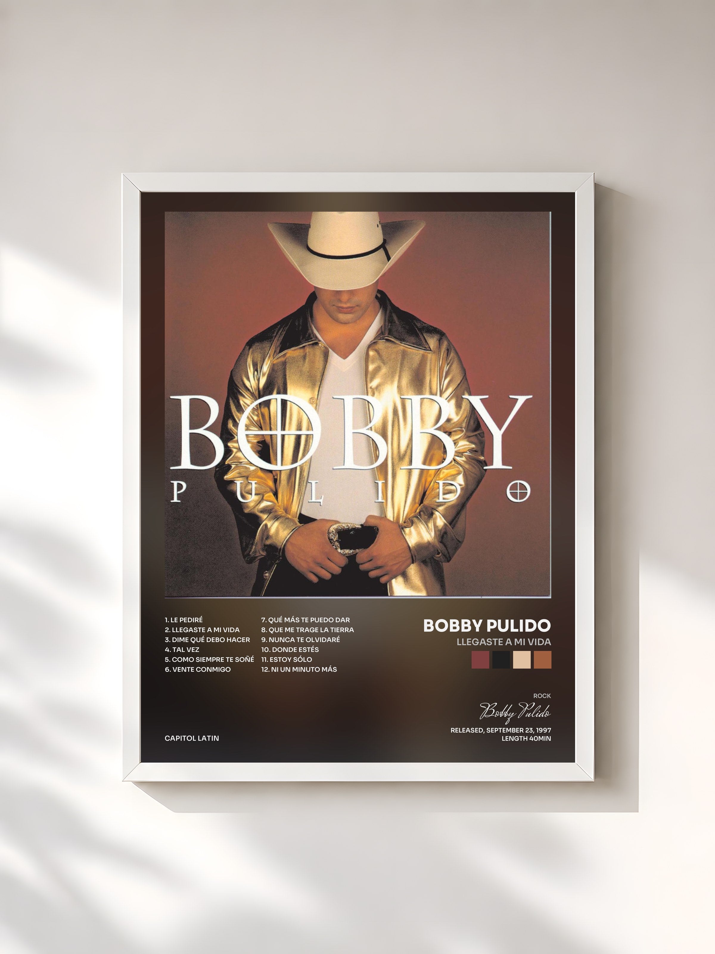 #blanc Tableau de l'album Llegaste A Mi Vida de Bobby Pulido, cadre blanc, imprimé et encadré en France