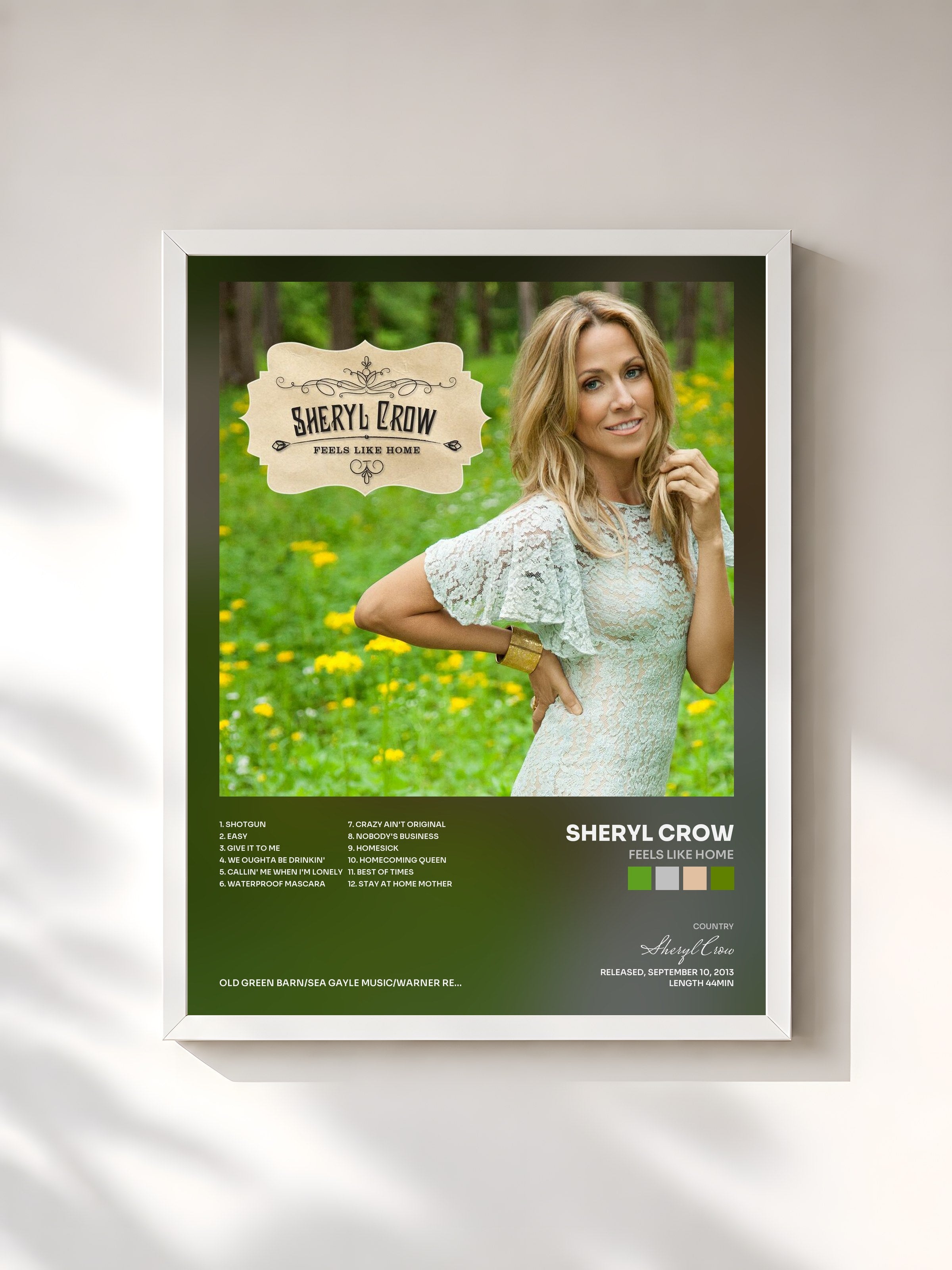#blanc Tableau de l'album Feels Like Home de Sheryl Crow, cadre blanc, imprimé et encadré en France