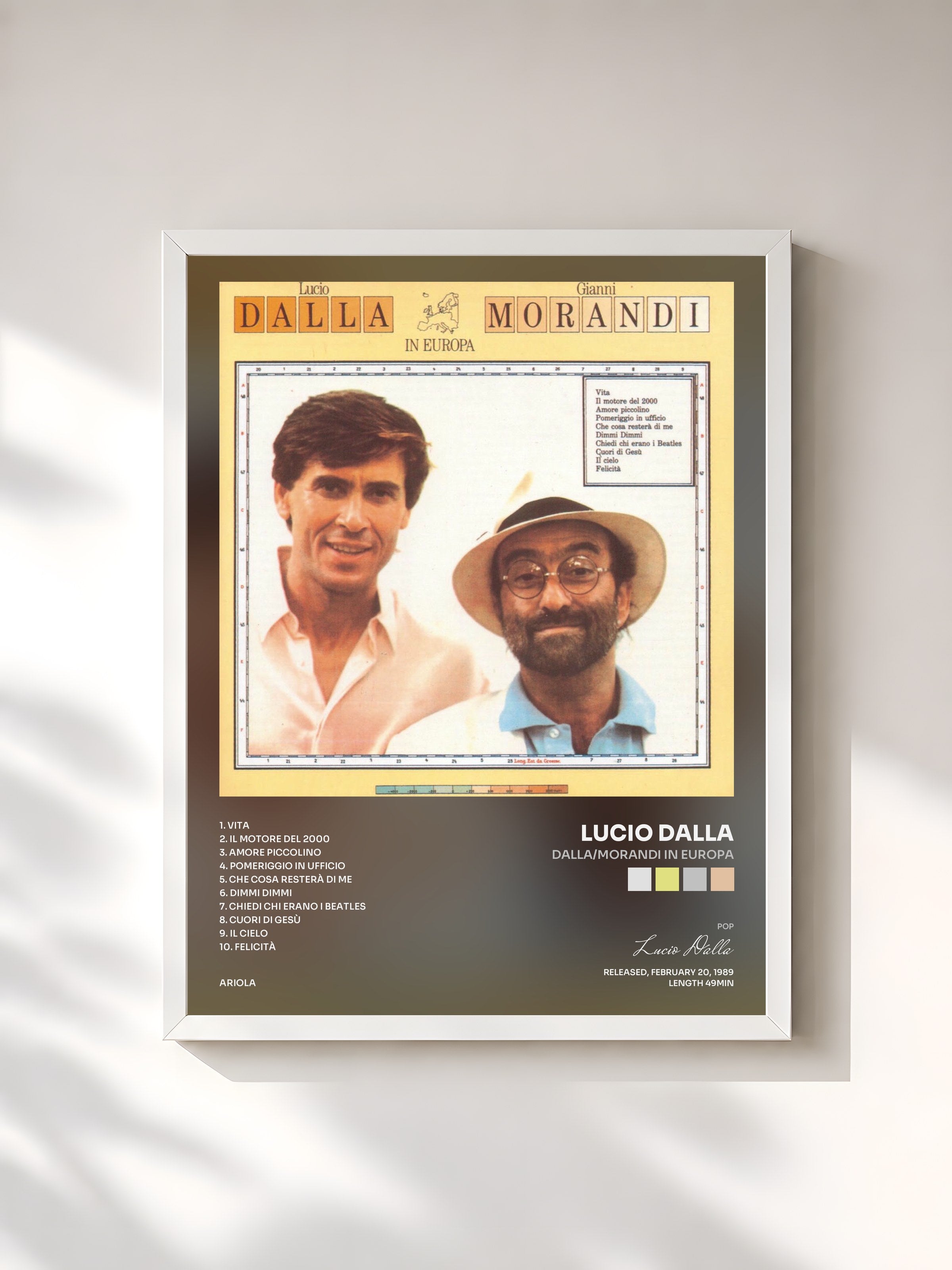 #blanc Tableau de l'album Dalla/Morandi In Europa de Lucio Dalla, cadre blanc, imprimé et encadré en France