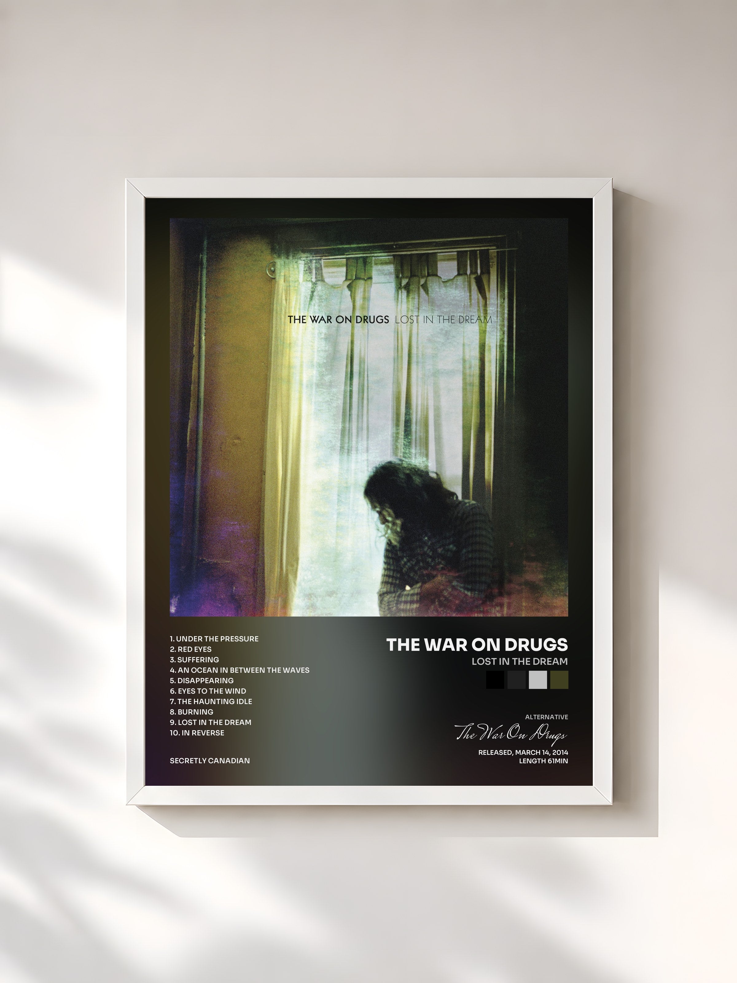 #blanc Tableau de l'album Lost In The Dream de The War On Drugs, cadre blanc, imprimé et encadré en France