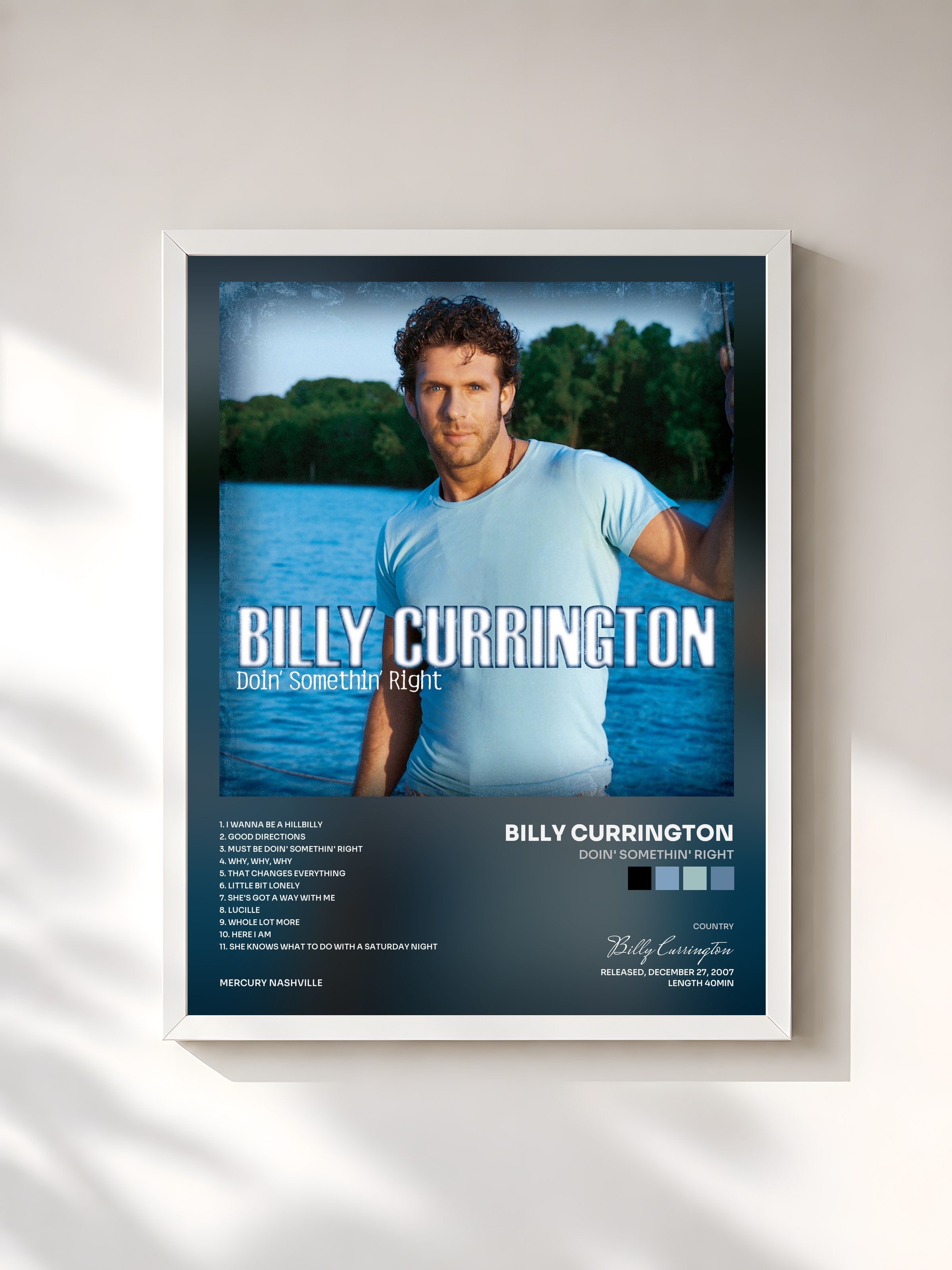#blanc Tableau de l'album Doin' Somethin' Right de Billy Currington, cadre blanc, imprimé et encadré en France