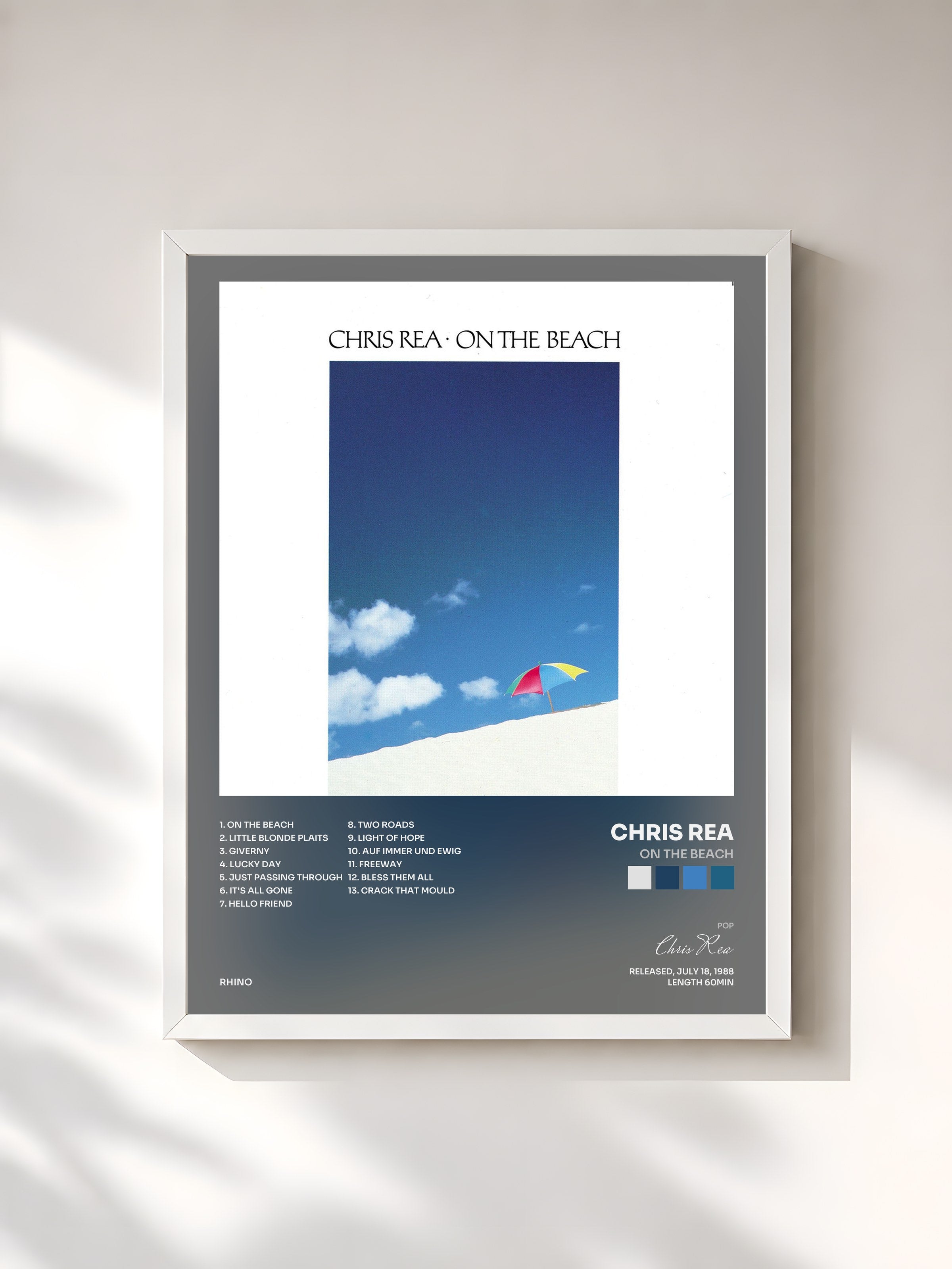#blanc Tableau de l'album On the Beach de Chris Rea, cadre blanc, imprimé et encadré en France