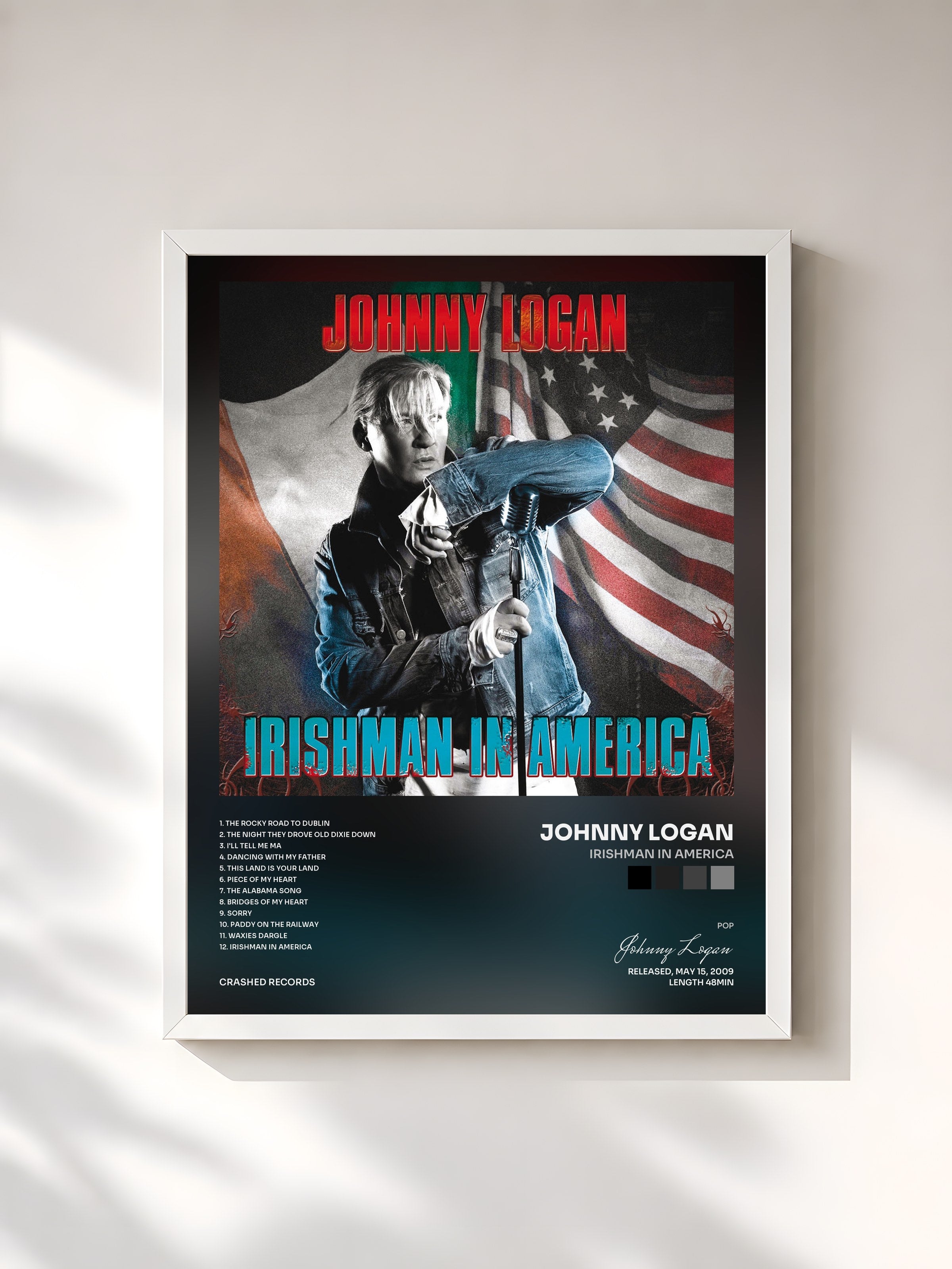 #blanc Tableau de l'album Irishman in America de Johnny Logan, cadre blanc, imprimé et encadré en France