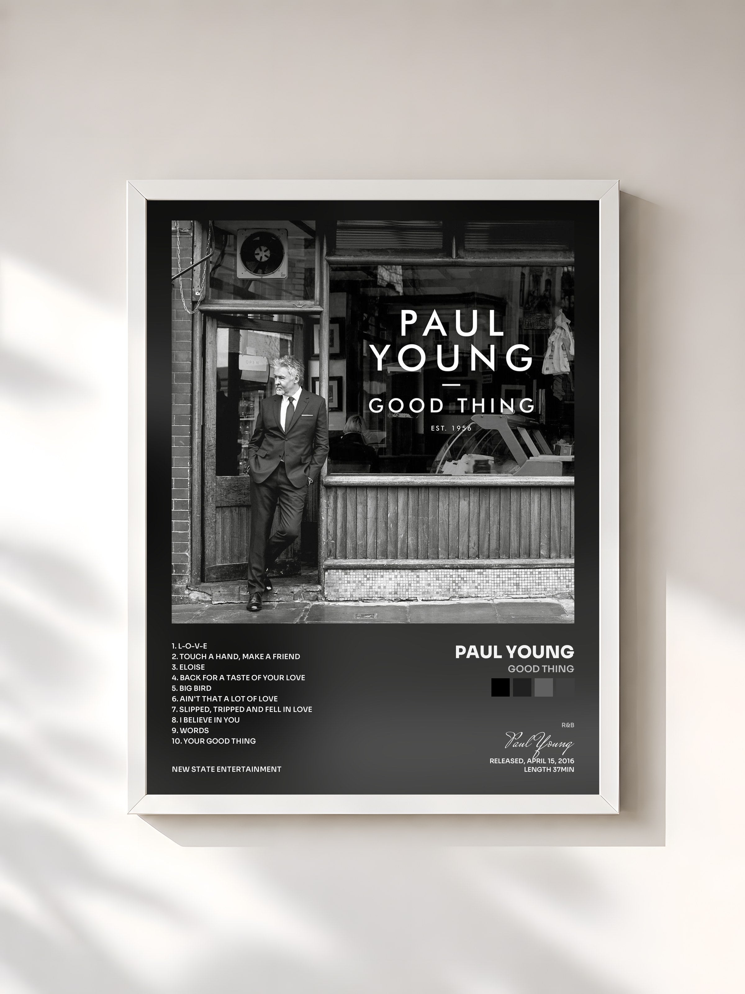 #blanc Tableau de l'album Good Thing de Paul Young, cadre blanc, imprimé et encadré en France