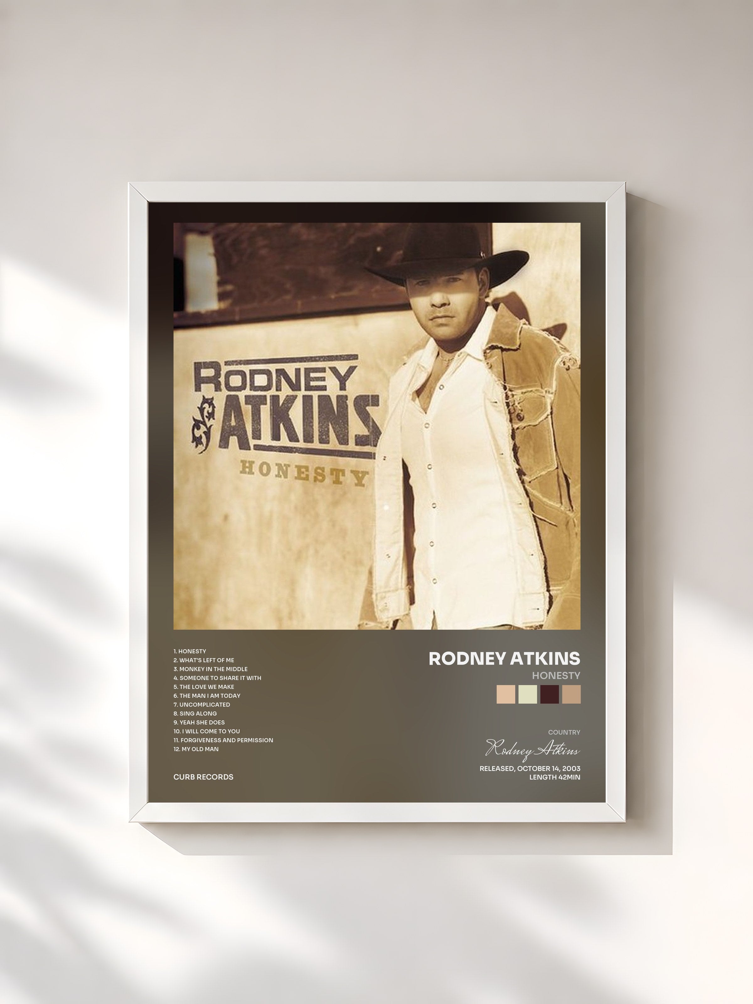 #blanc Tableau de l'album Honesty de Rodney Atkins, cadre blanc, imprimé et encadré en France