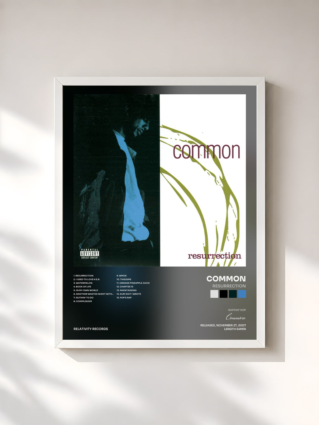 #blanc Tableau de l'album Resurrection de Common, cadre blanc, imprimé et encadré en France