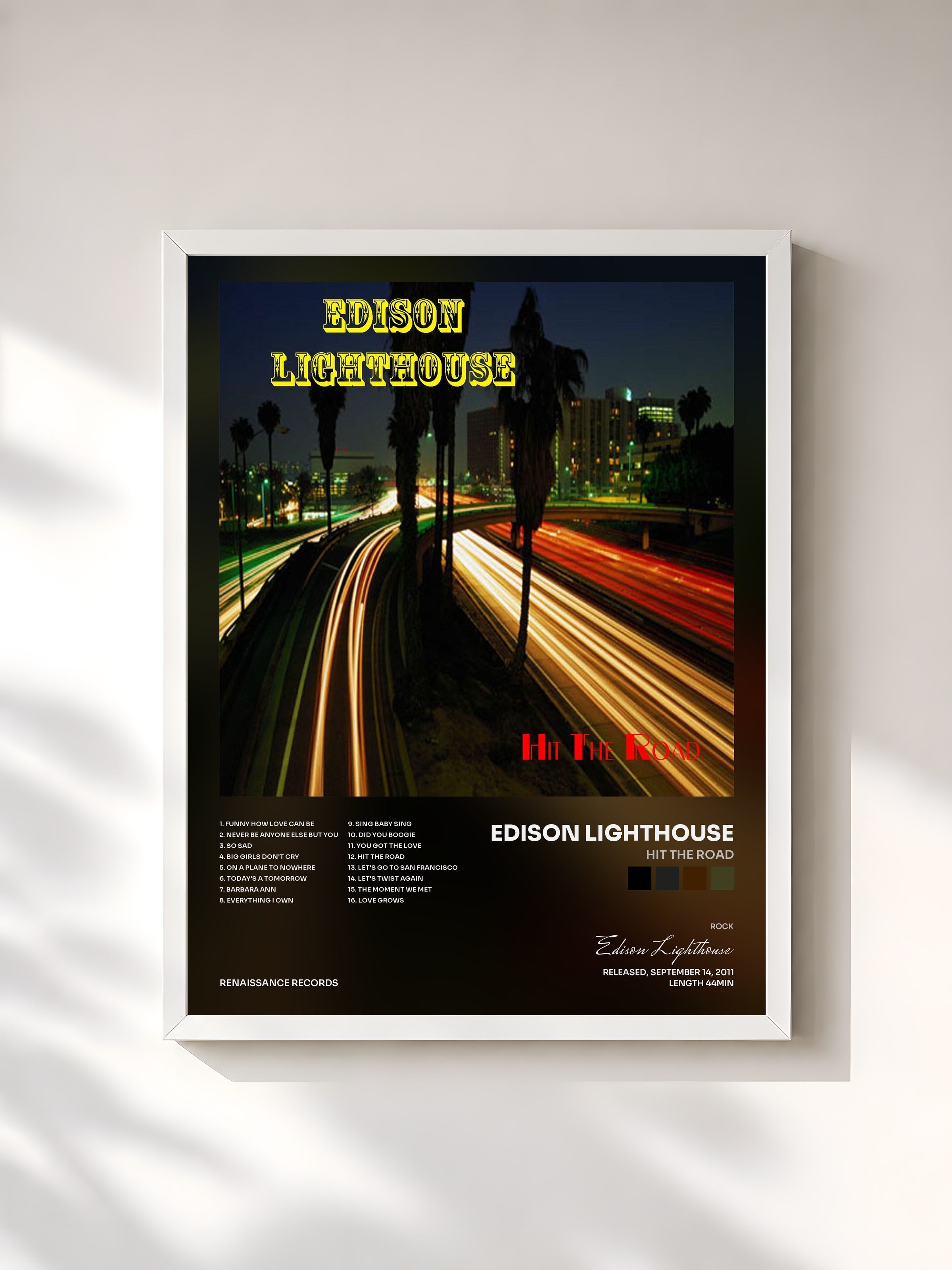 #blanc Tableau de l'album Hit the Road de Edison Lighthouse, cadre blanc, imprimé et encadré en France