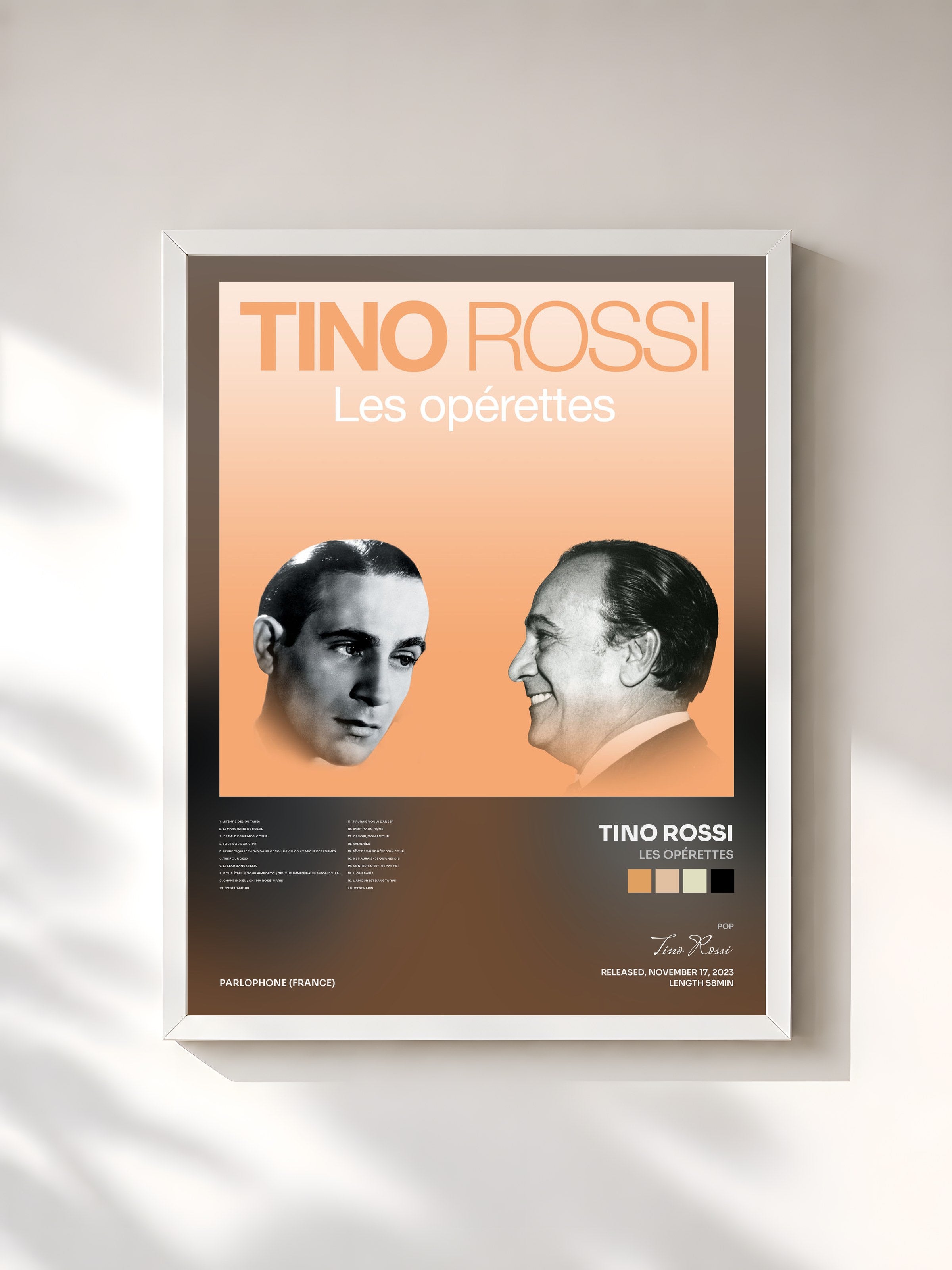#blanc Tableau de l'album Les opérettes de Tino Rossi, cadre blanc, imprimé et encadré en France