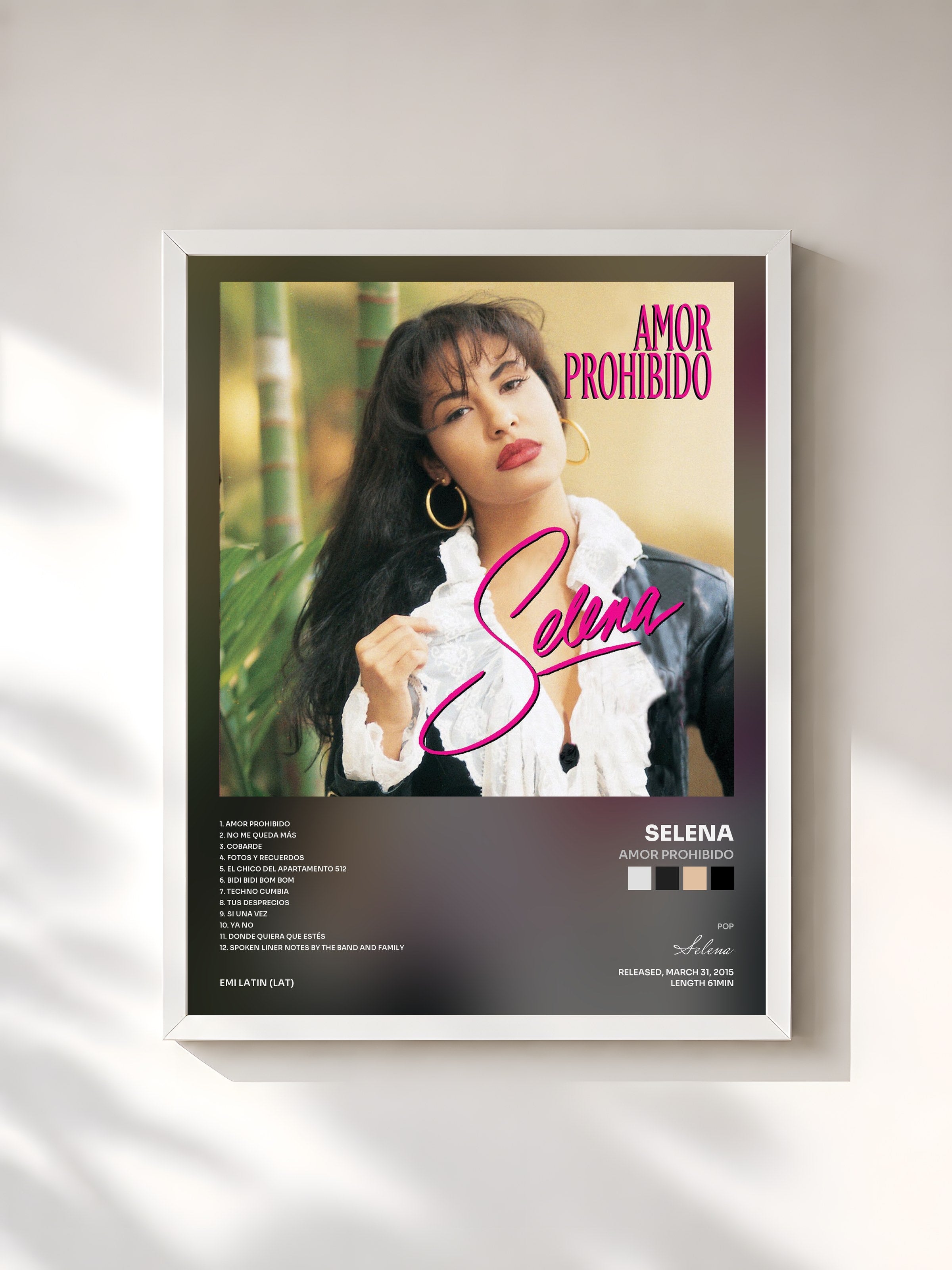 #blanc Tableau de l'album Amor Prohibido de Selena, cadre blanc, imprimé et encadré en France